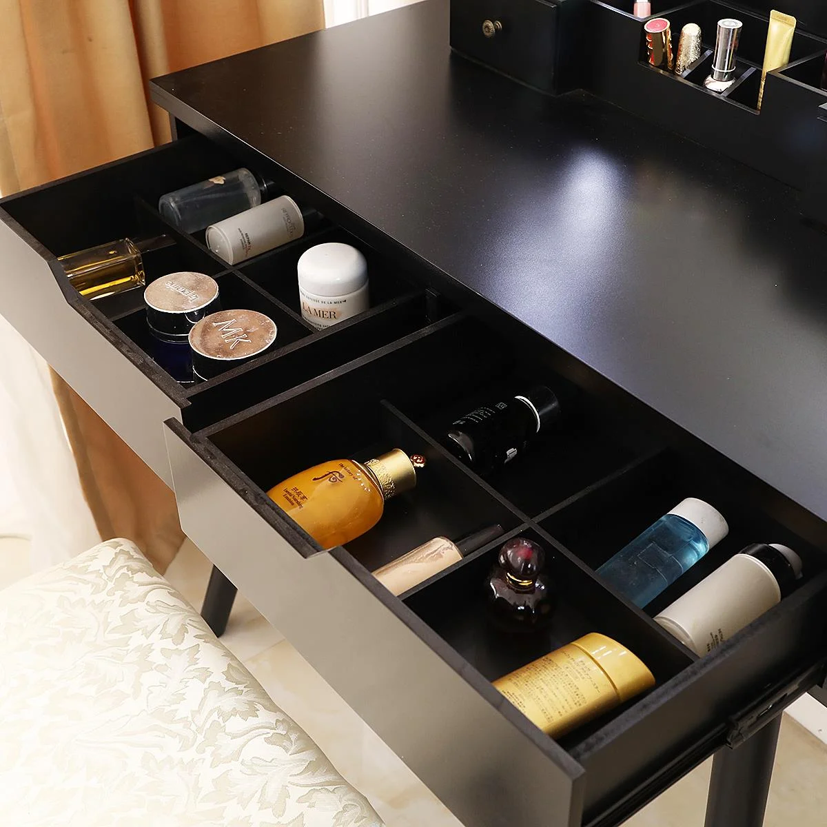 Ktaxon Vanity Set with Round Lighted Mirror, Makeup Dressing Table with 8 Light Bulbs & Cushioned Stool Set,Bedroom Vanities Set Black