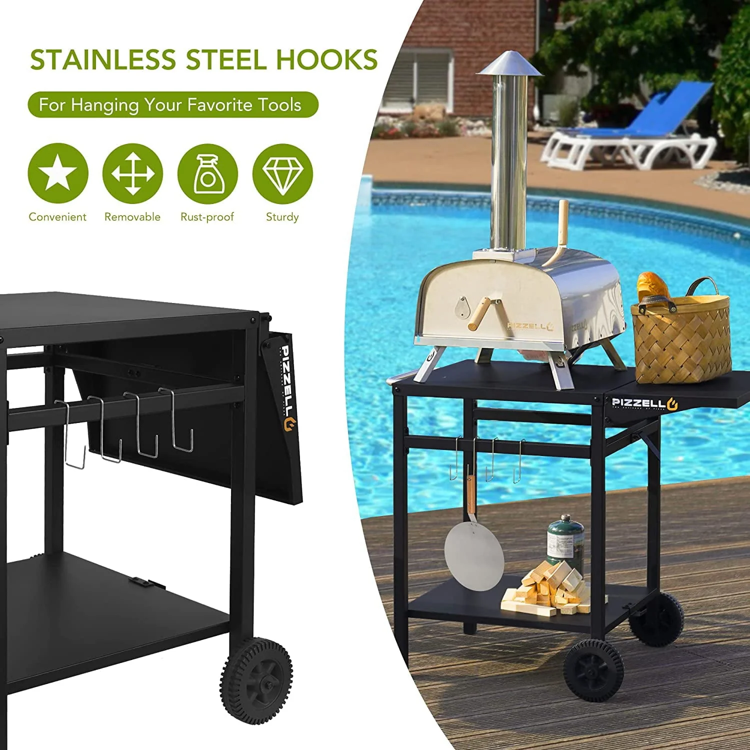 Pizzello Outdoor Grill Pizza Oven Food Prep Bbq Cart Stand Table with Storage Wheels Expandable Countertop, Black