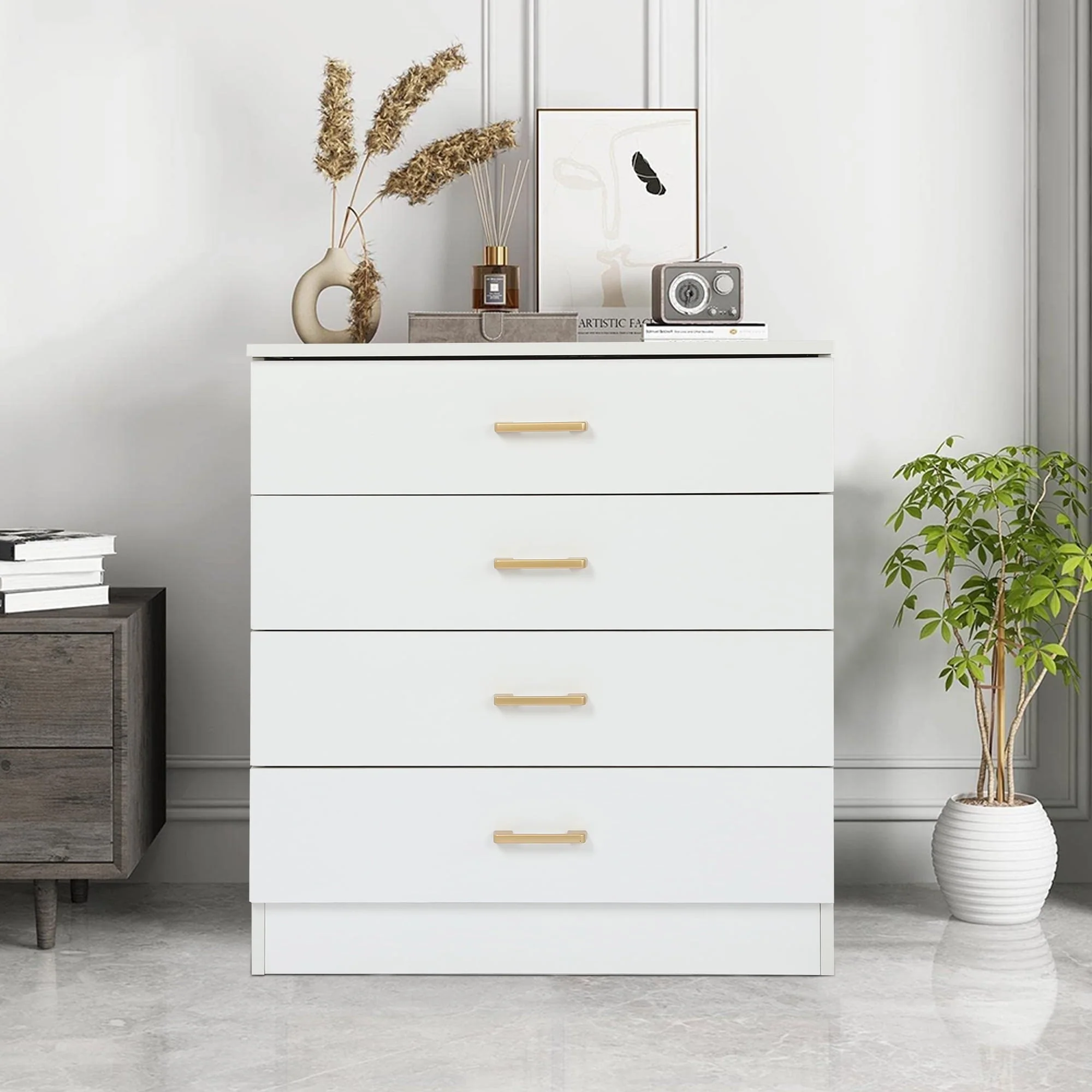 SESSLIFE Dresser for Bedroom, Wood 4 Drawer Dresser Storage Drawer, White Living Room Hallway Closets Drawer Chest, TE3079