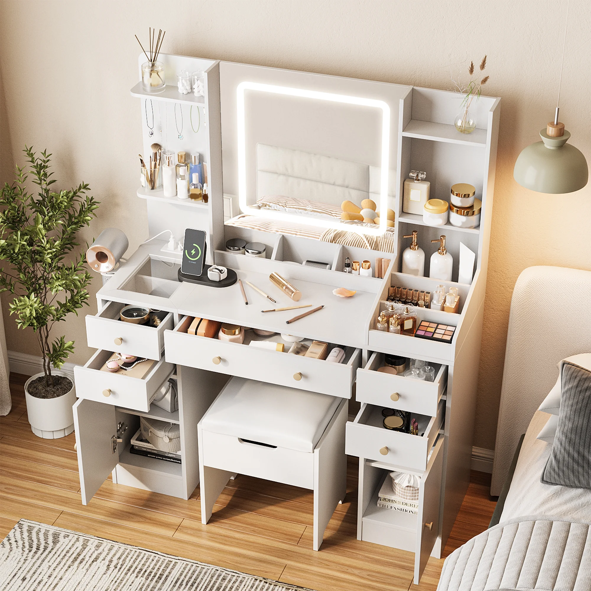 Vanity Set with Mirror and Lights, Makeup Table with Charging Station,5 Drawers & Storage Shelves, White