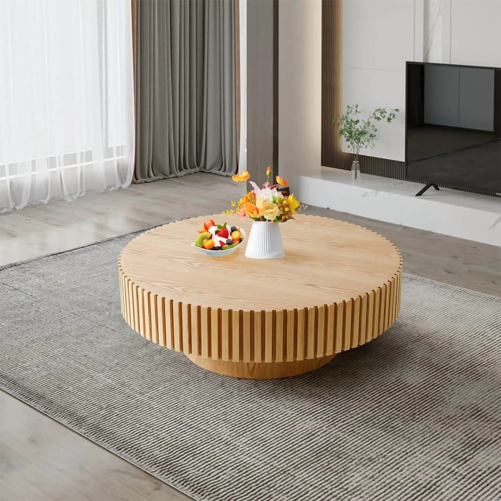 FFH 43.7 inch Oval Coffee Table for Living Room,Handcraft Rustic Corner Coffee Table Nature Wood Relief Sturdy Pedestal for Apartmen,Side Table Centre Table,Nature Wood