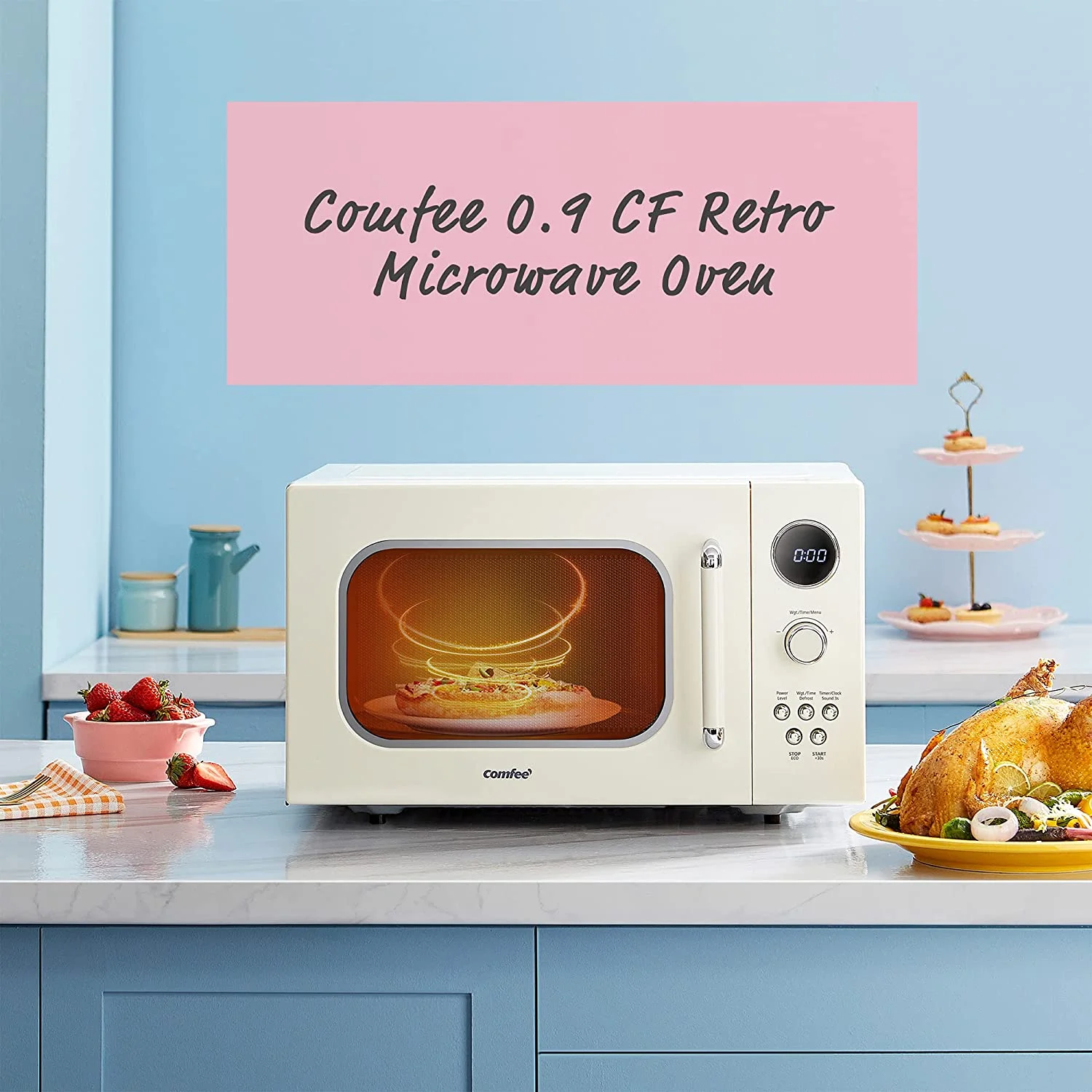 Comfee' Retro Microwave with LED digital display, 0.9 Cu. ft, 900W, Apricot, CM-M092AAT