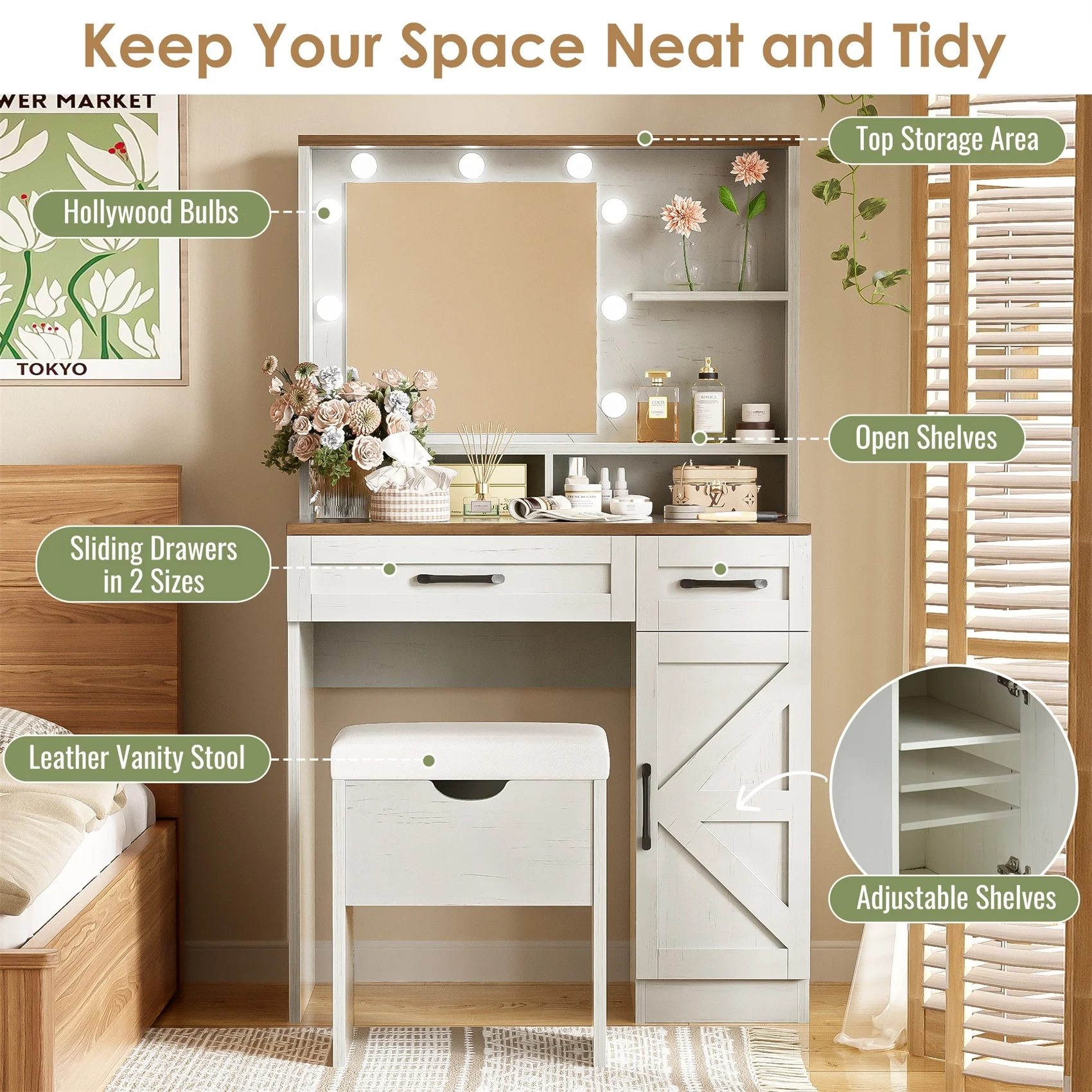 Alvantor Vanity Set Farmhouse Makeup Desk with Mirror and Lights, Adjustable Dressing Table with Stool White