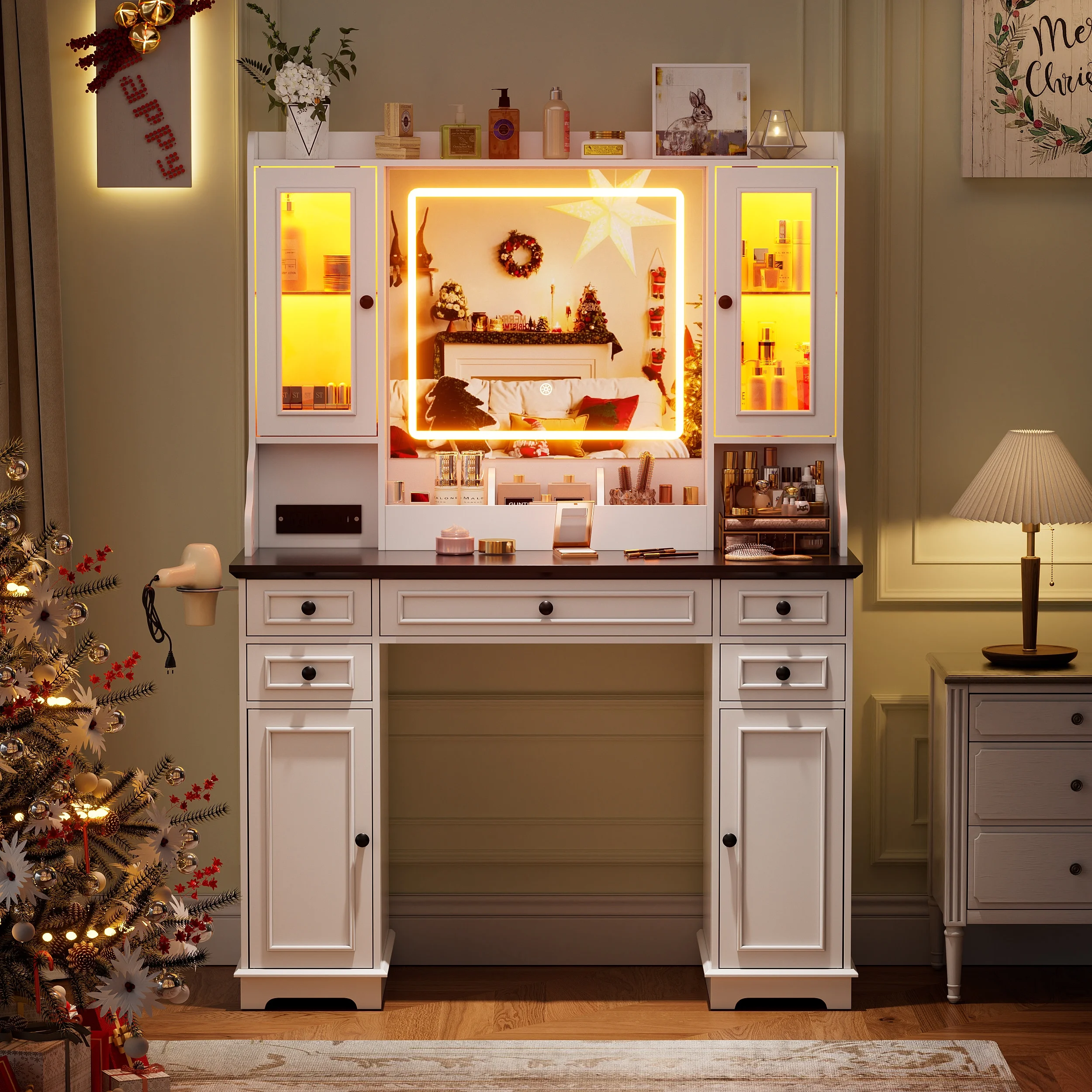 Farmhouse Makeup Vanity Desk with Mirror and Lights, Vanity Table with Glass Tabletop, Charging Station, 5 Drawers, Side Cabinet, Storage Shelves for Bedroom, White by TZUTOGETHER