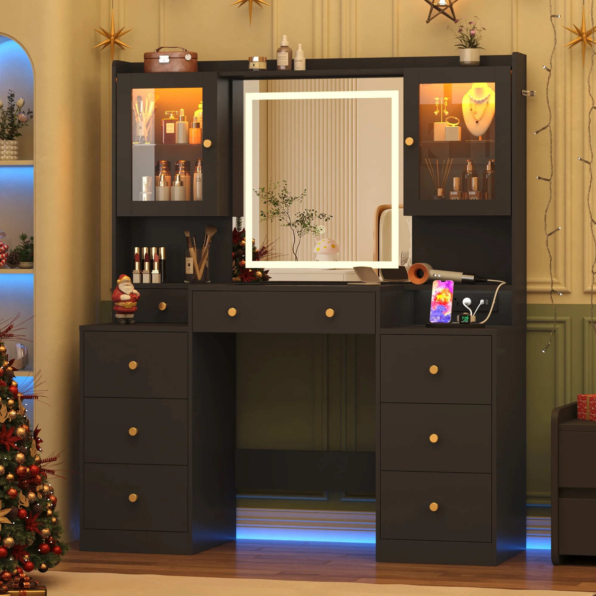 ChVans 62'' Large Vanity Desk with Tempered Glass Top, 60000-color LED Lights, Charging Station, White Makeup Vanity with 3 Lights Mode LED Mirror, 9 Drawers, 2 RGB cabinets for Women, Girls Gift