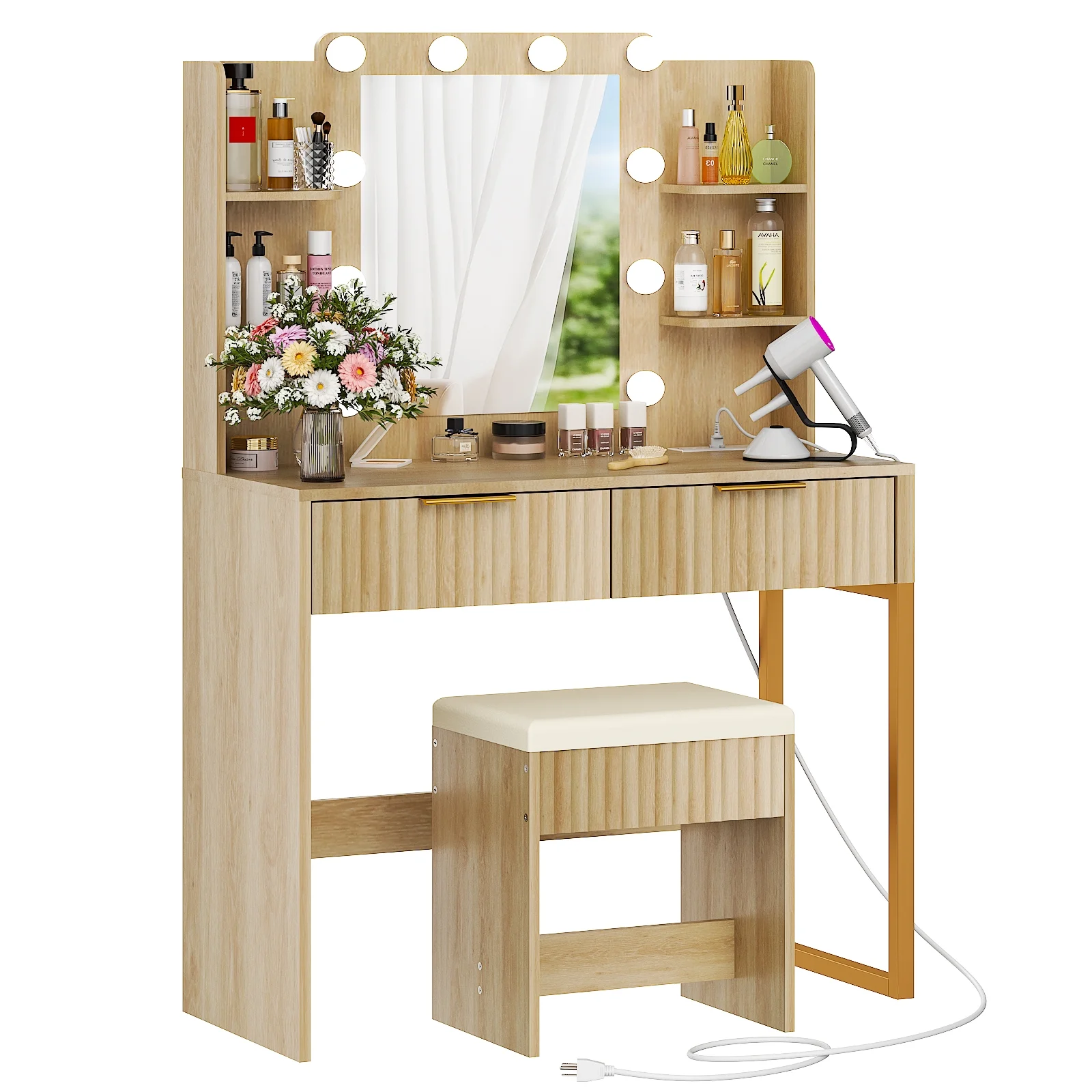 Ktaxon Lighted Makeup Vanity, White Vanity Table Set with 2 Drawer and Charging Station, Femal Gift