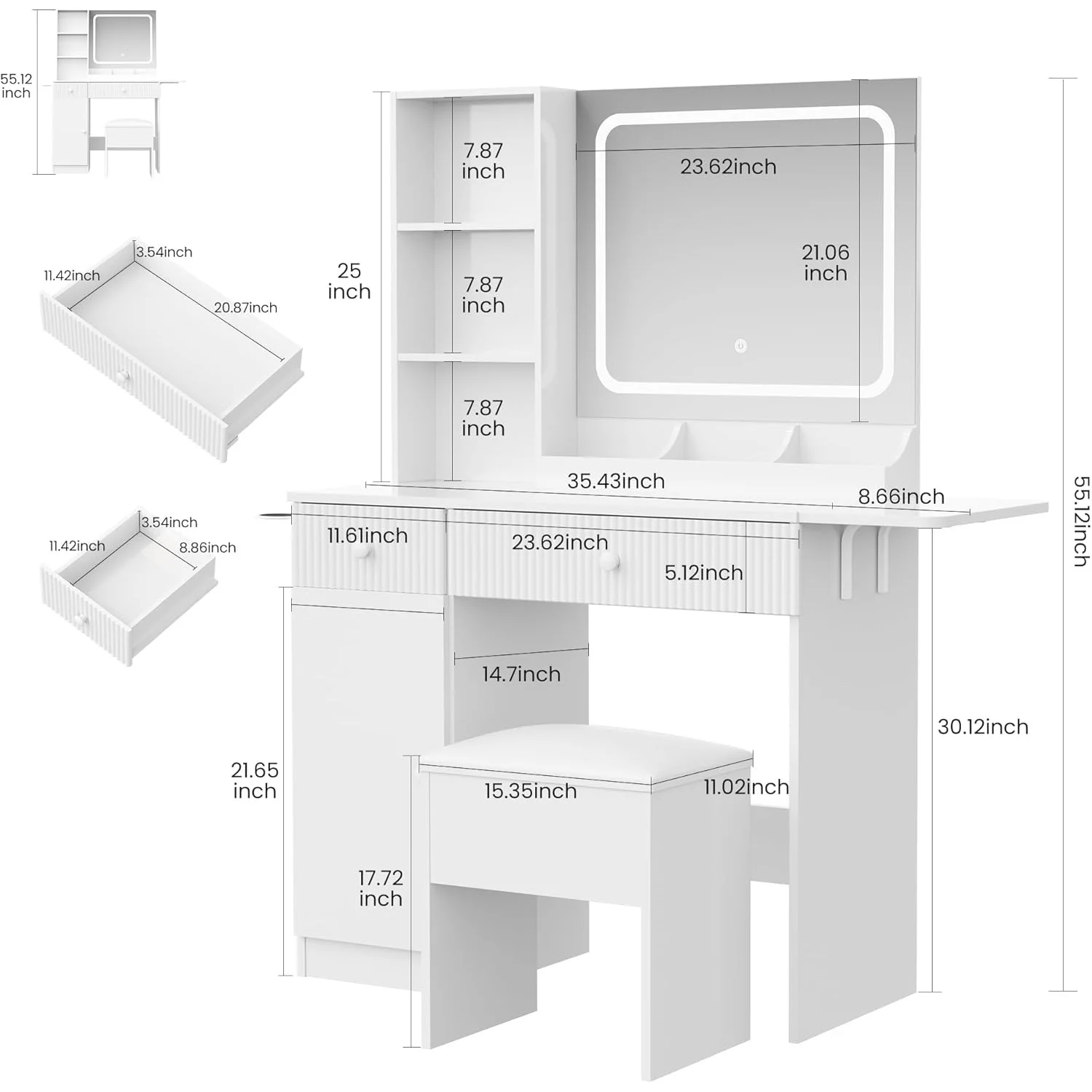 M optimized Vanity Desk with Mirror and Lights, Power Outlets Makeup Table with Drawers & Cabinet, Storage Stool, Dressing Table for Bedroom