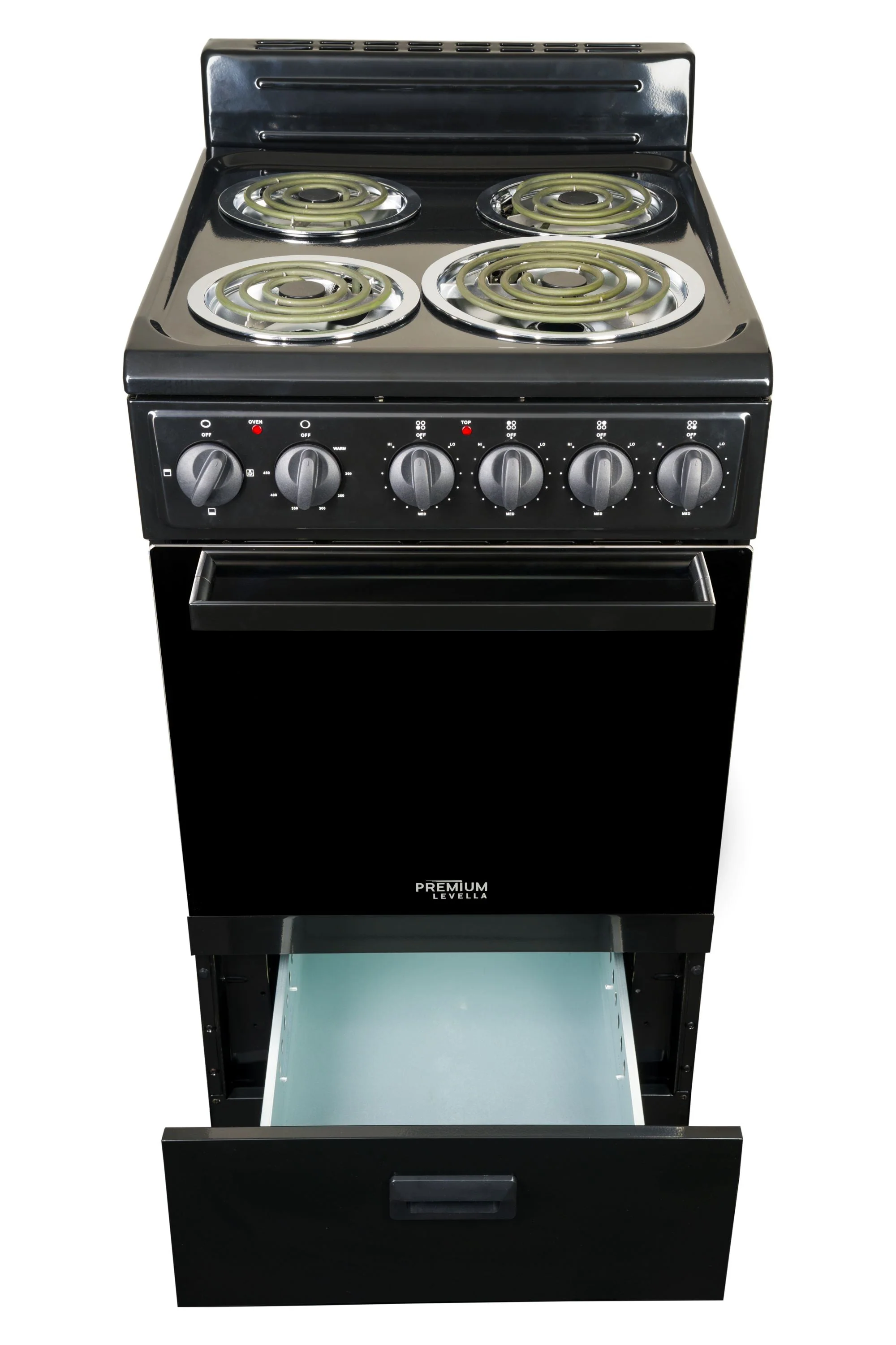 Premium Levella 20 in. 2.2 cu. ft. 4-Burner Single Oven Electric Range with Storage Drawer in Black with Stainless Steel Door