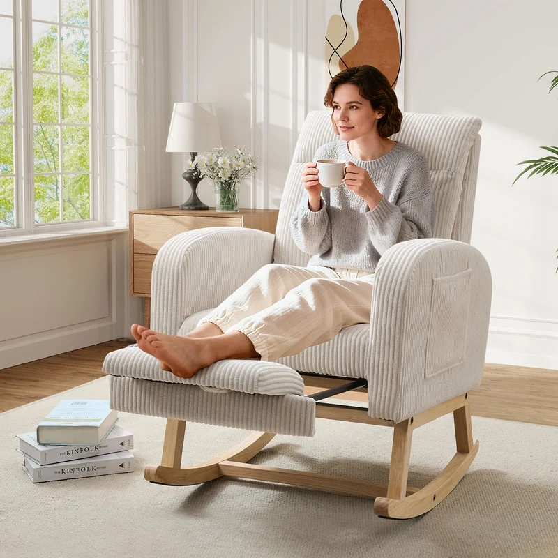 FFH Rocking Chair Nursery, Tufted Accent Rocker Chair, Upholstered Armchair with Adjustable Footrest, Side Pocket, High Backrest, Padded Seat, Polyester Blend (Retro, Dark Gray)