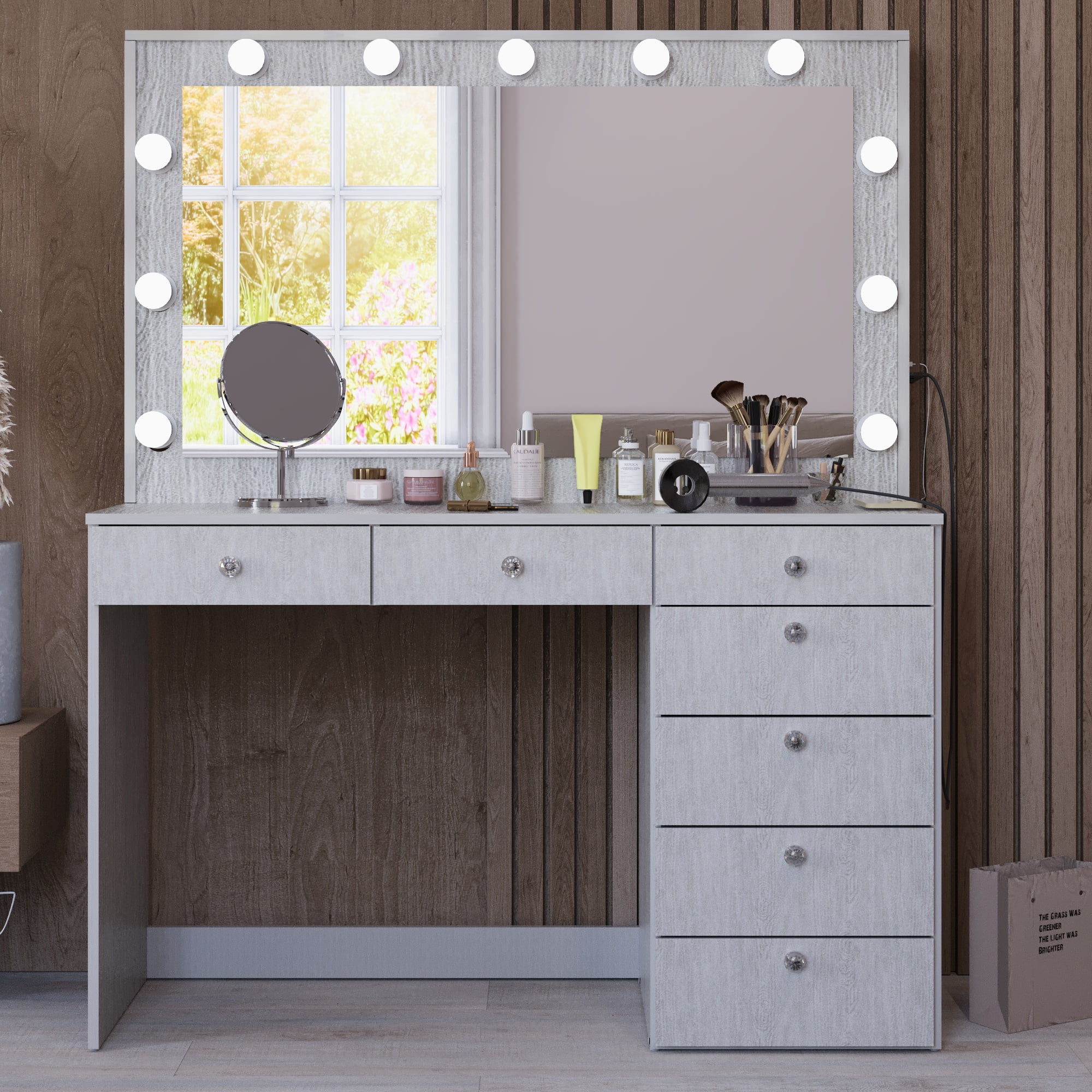 Boahaus GRWM Diana White Makeup Vanity with 7 Drawers, Mirror, Lights & Charging Station