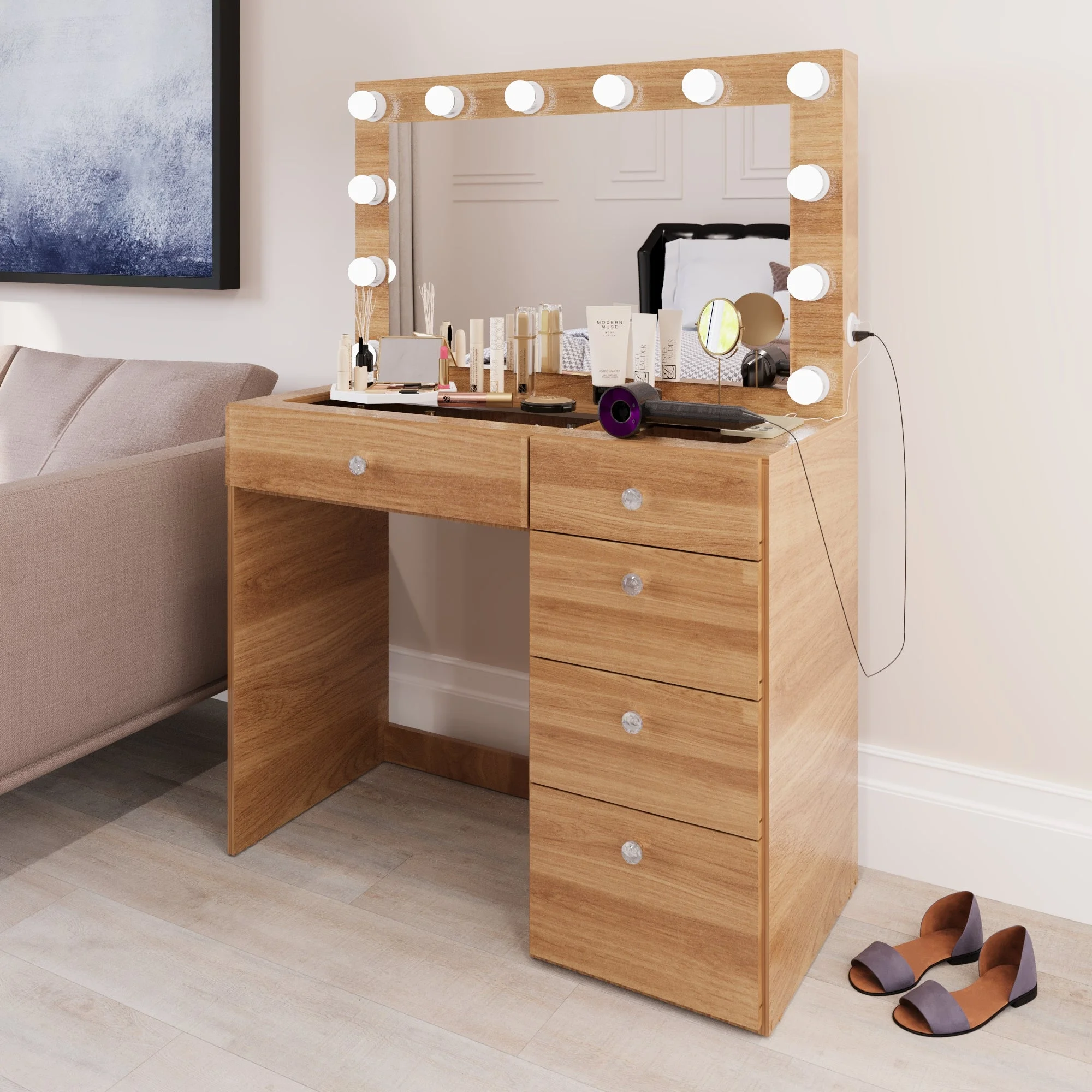 Ember Interiors Ghada Modern Brown Makeup Vanity Desk with Built-in Lights and USB Port for Bedroom