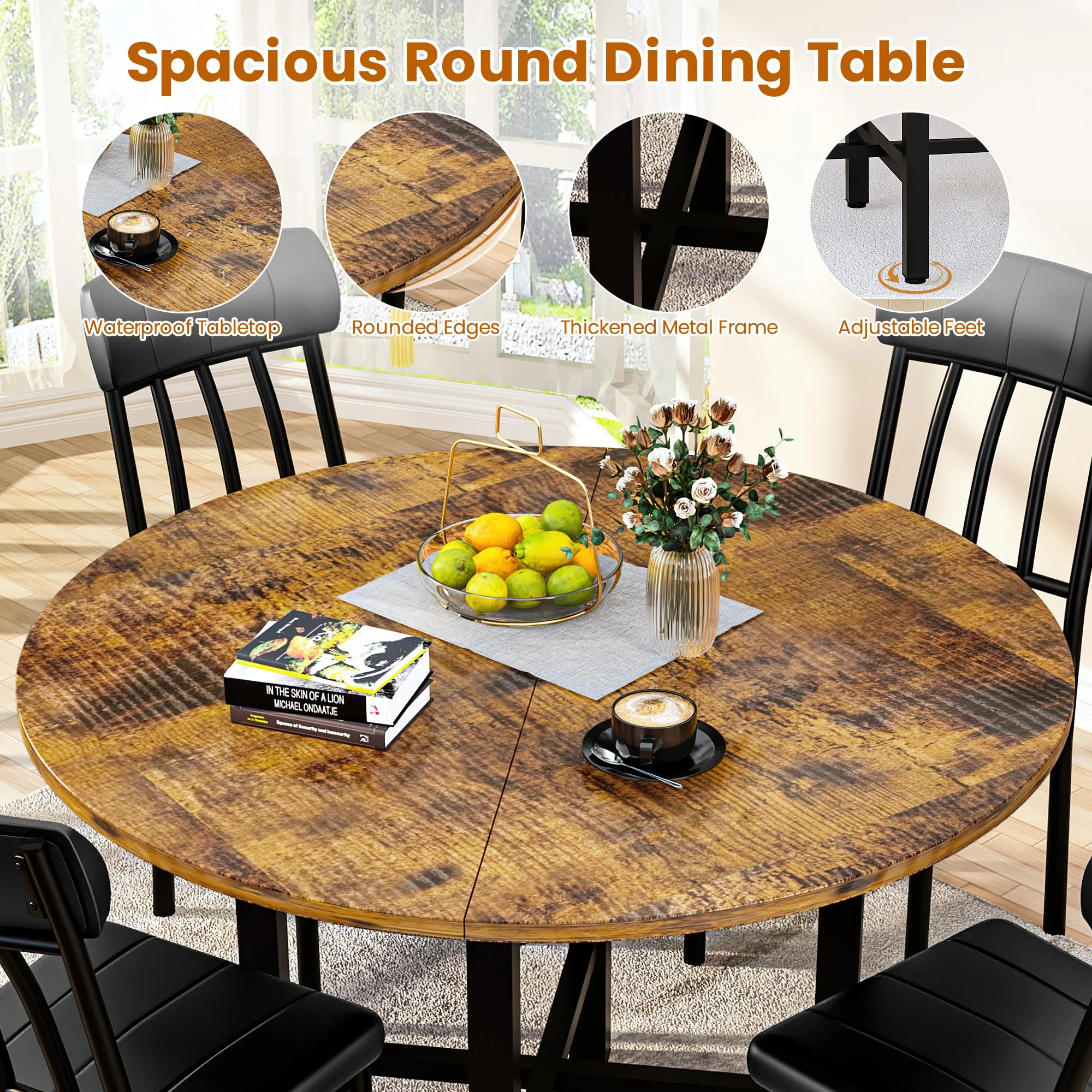 Furlinkhm Round Dining Table Set for 4, Wood Round Kitchen Table and Chairs Set for 4, Modern Dining Room Table Set with 4 Faux Leather Chairs, Round Dinner Table for Small Space, Walnut