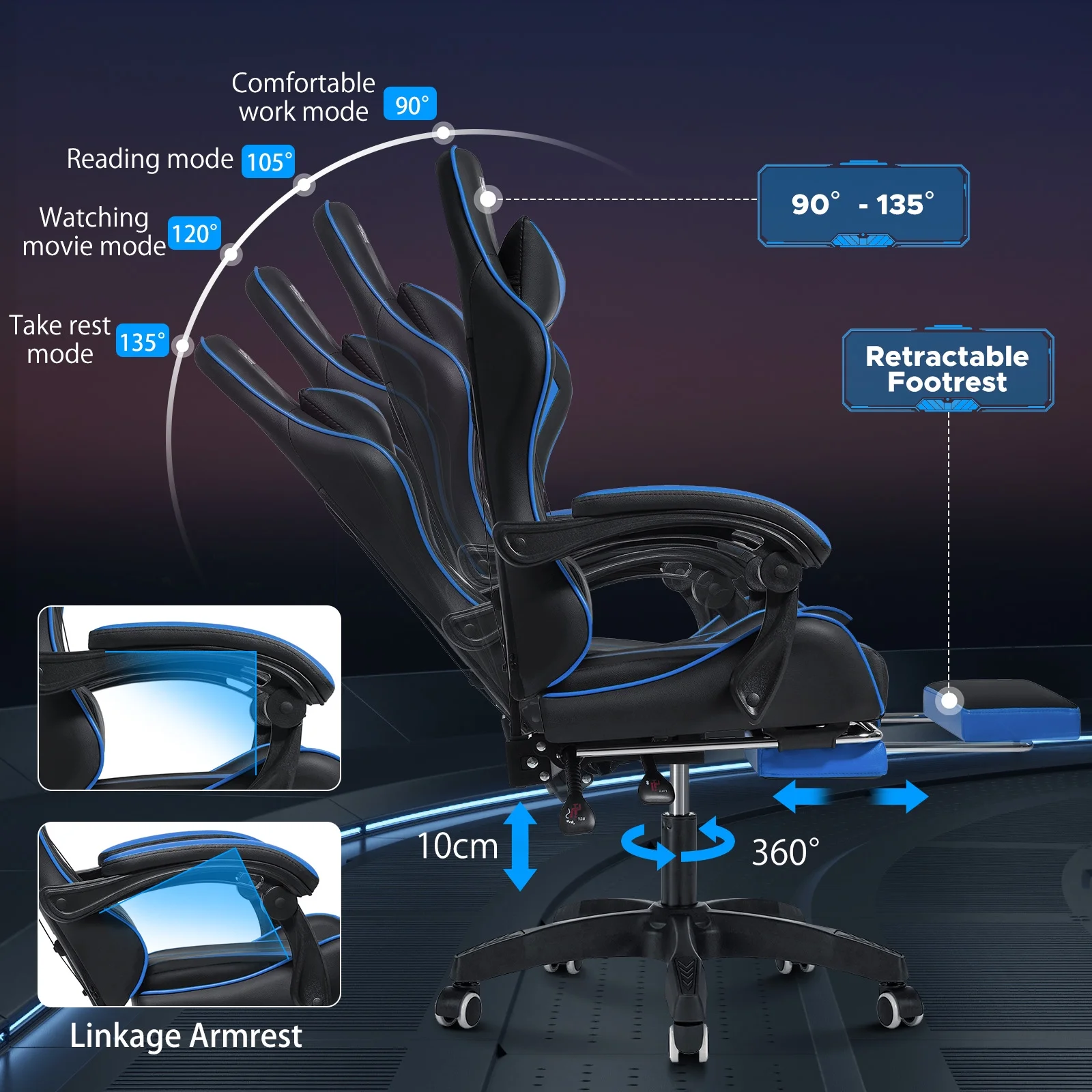 Hoffree Gaming Chair Massage Game Chair with Footrest and Massage Lumbar Support Ergonomic Computer Chair Height Adjustable with Swivel Seat and Headrest