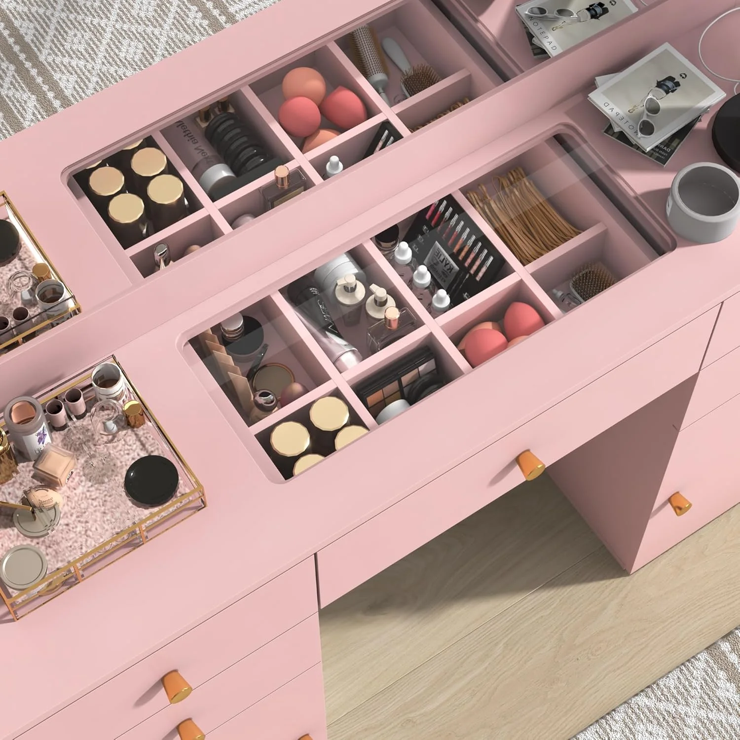 White Vanity Desk with Large Lighted Mirror & Power Outlet, Makeup Vanity Table with Glass Top & Drawers, Sliding Storage, 44.1