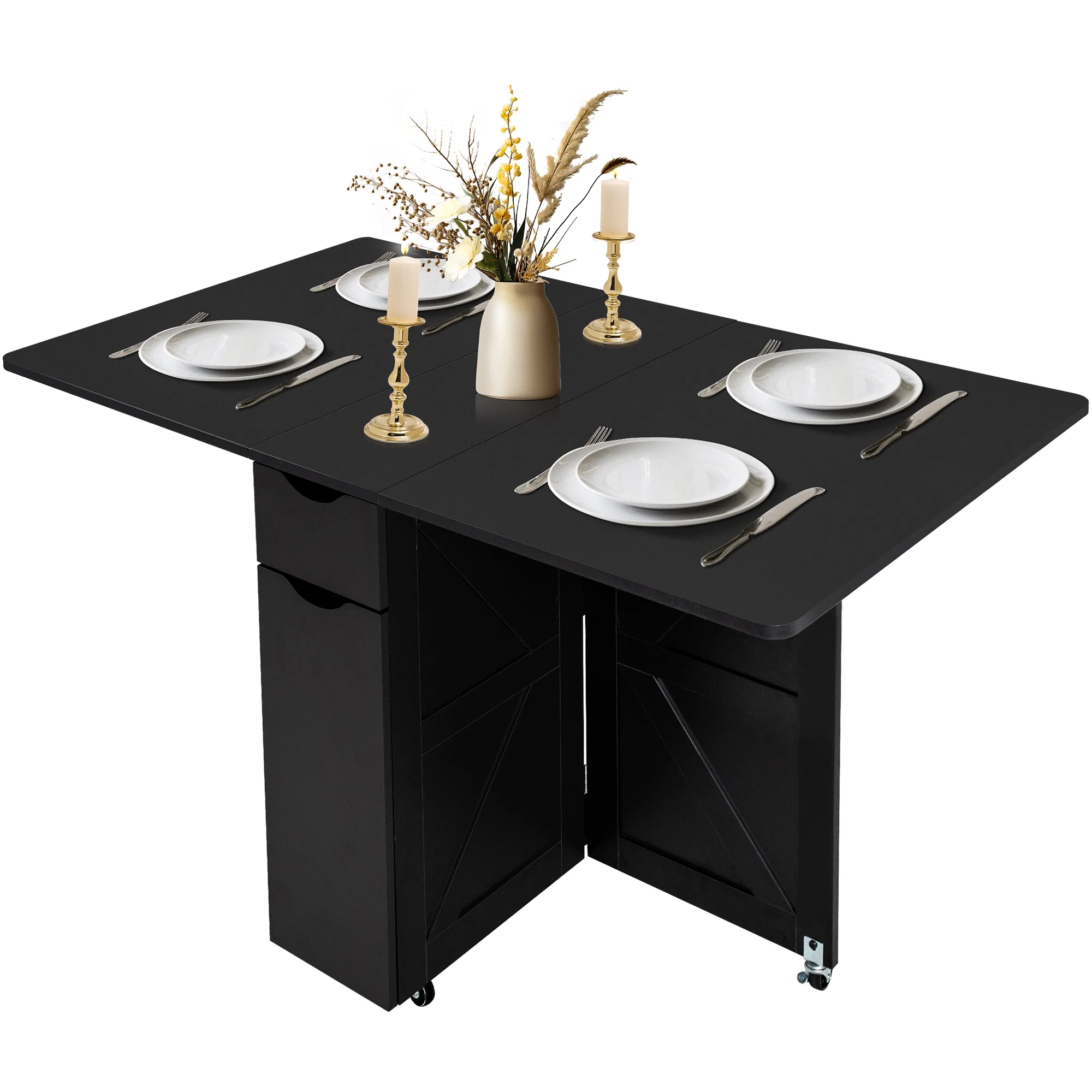 spanspace Folding Dining Table, Drop Leaf Dining Table with 6 Wheels and 2-Layer Storage Shelf, Space Saving Dining Table for Small Spaces,Folding Kitchen Table,White