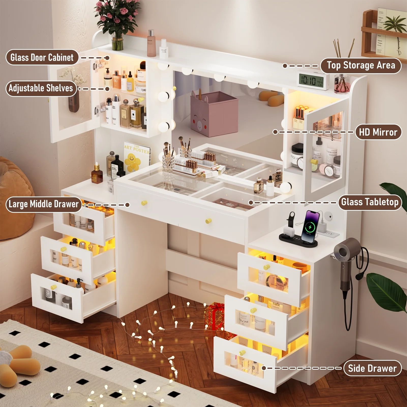 ChVans 62'' Large Vanity Desk with Tempered Glass Top, 11 LED Bulbs, Charging Station, Bedroom Makeup Vanity with 3 Lights Mode LED Mirror, 6 Translucent Drawers, 2 RGB cabinets for Women, Girls Gift