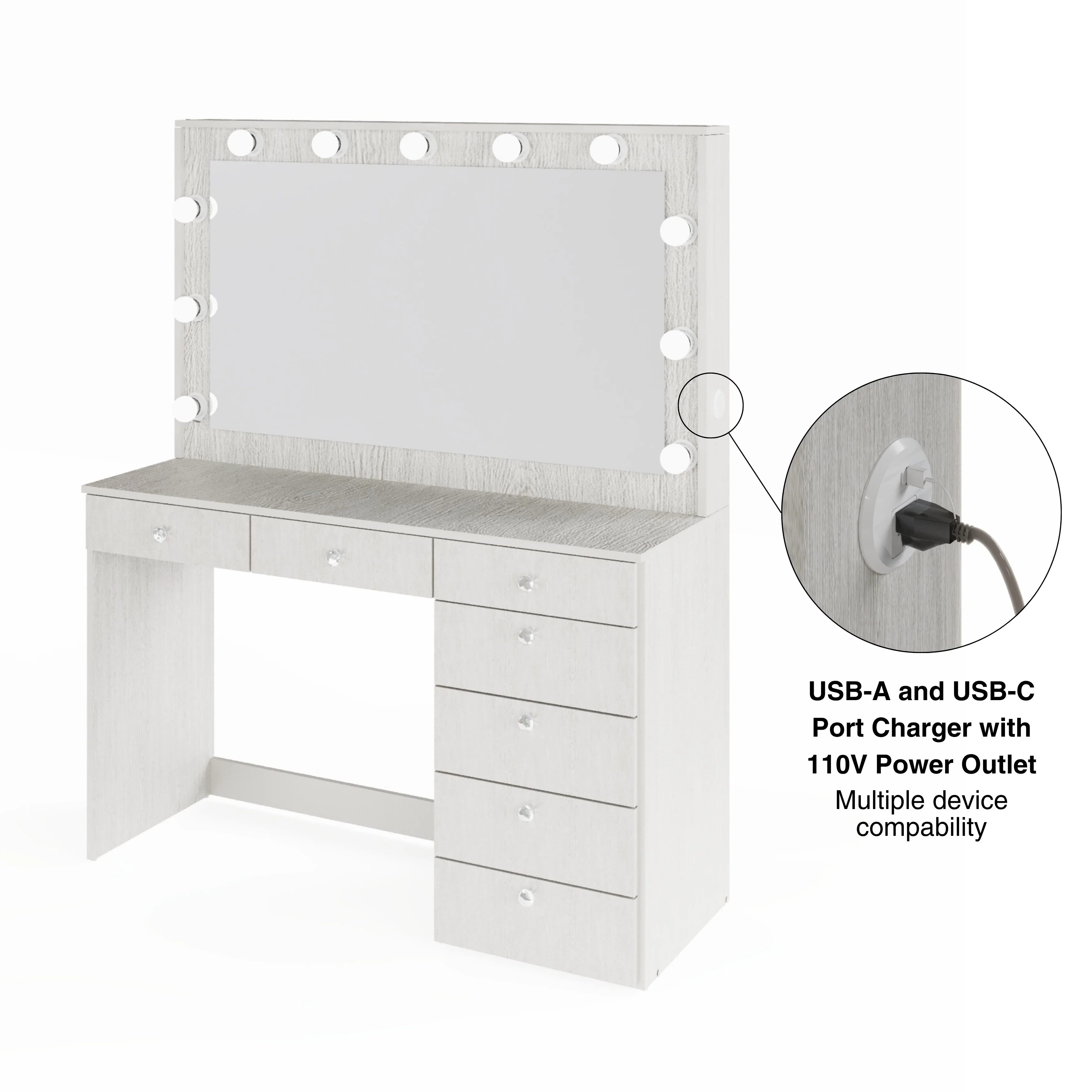 Boahaus GRWM Diana White Makeup Vanity with 7 Drawers, Mirror, Lights & Charging Station