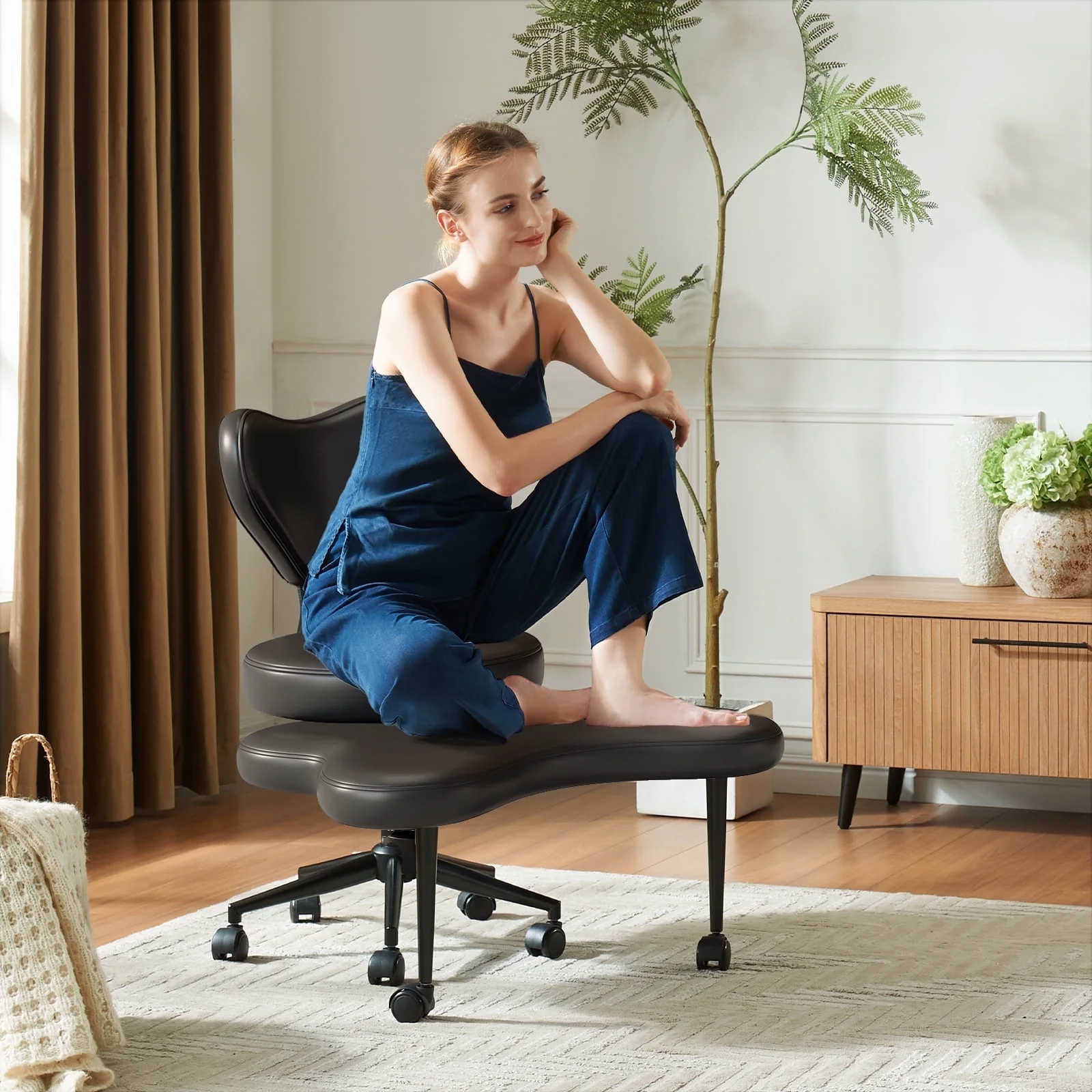 Pinmoco Ergonomic Cross Legged Swivel Chair, Adjustable Height and Teddy Fabric, Meditation& ADHD Chair with Back Support, Home and Office, Off White