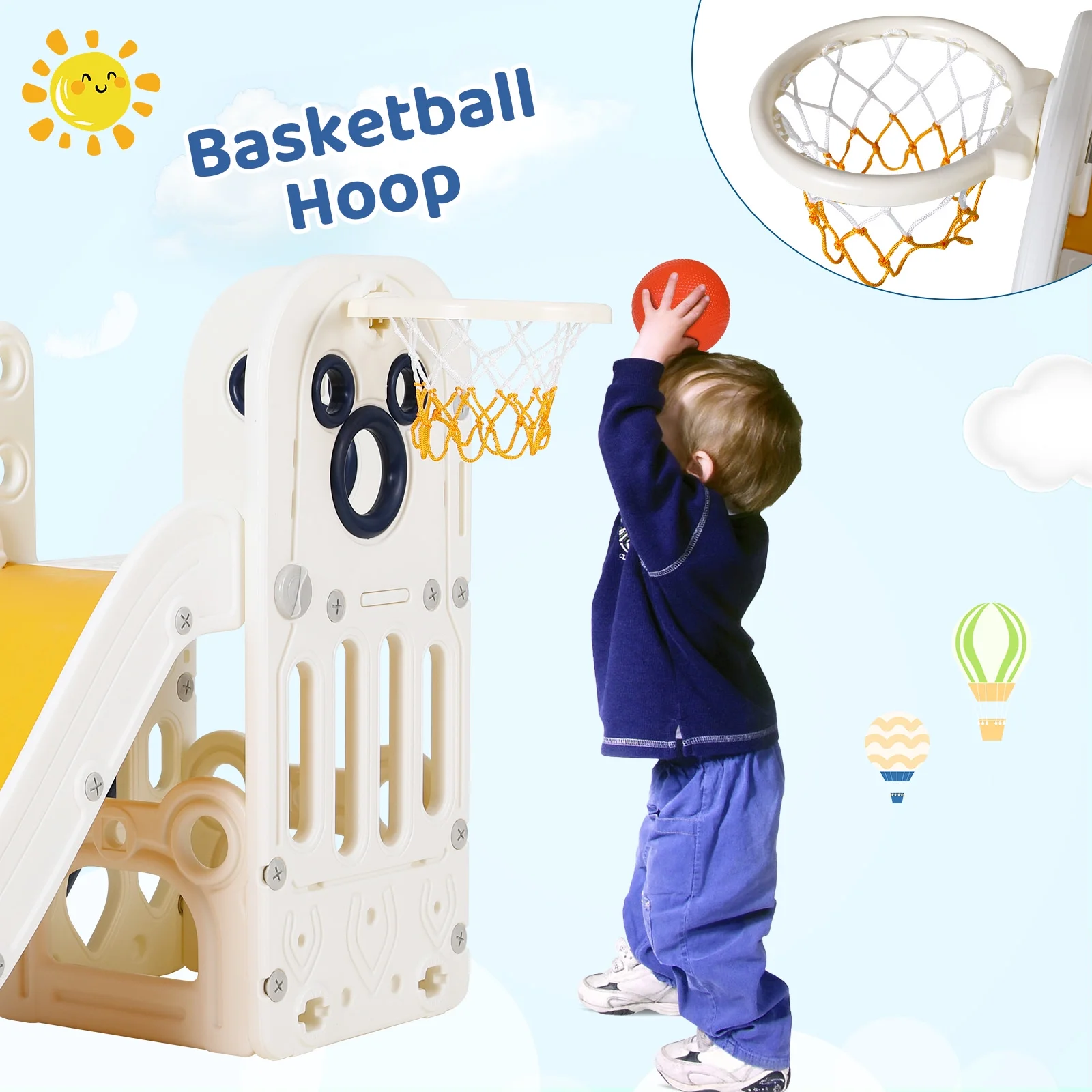 Arlopu Sturdy Toddler Slide with Basketball Hoop Plastic Kids Slide Climber with Anti-Slip Steps Indoor Outdoor Children Toy Playground