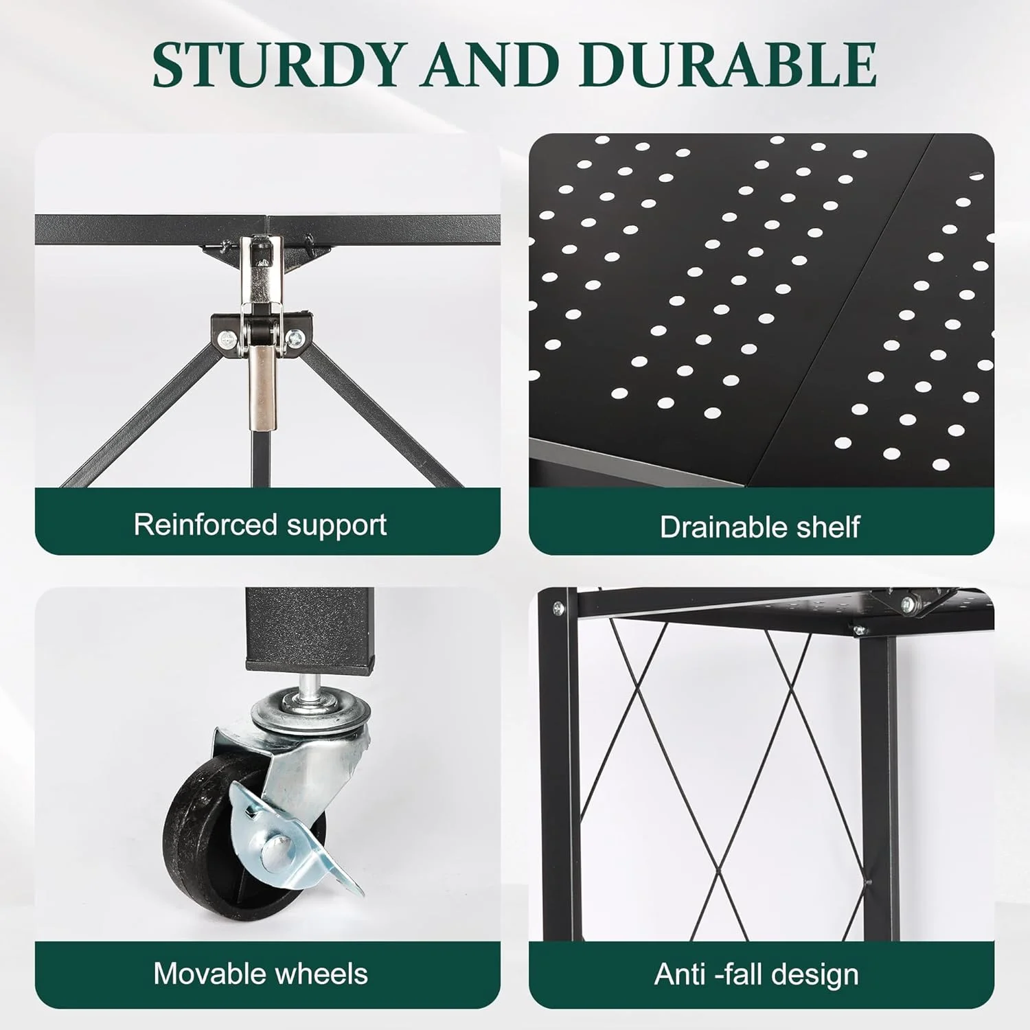 Foldable 4-Tier Storage Shelves with Wheels, No Assembly Bookshelf, Heavy Duty Kitchen Racks and Shelves, Rolling Microwave Cart, White