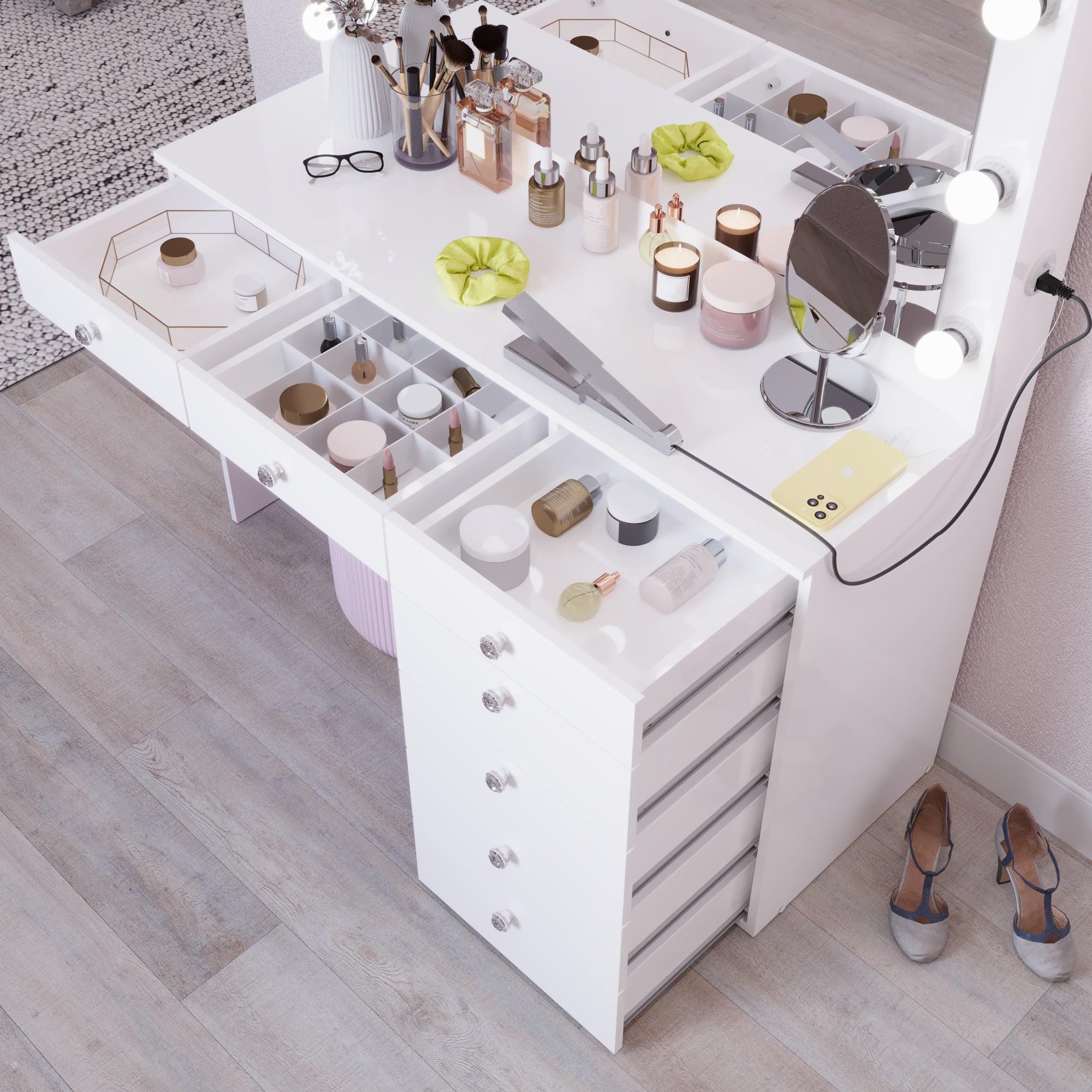 Boahaus GRWM Diana White Makeup Vanity with 7 Drawers, Mirror, Lights & Charging Station