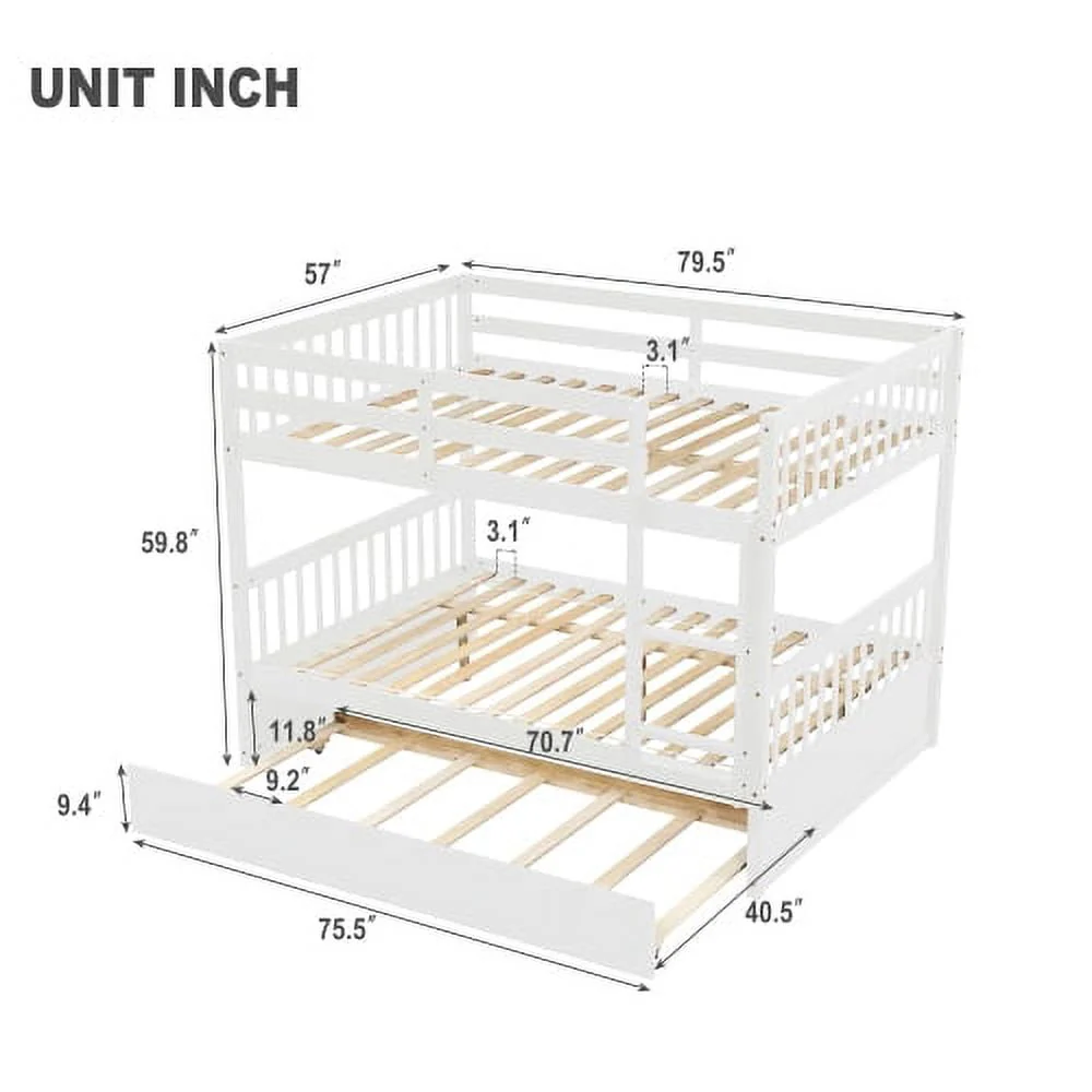 Full Over Full Bunk Bed with Trundle for Kids, Convertible to 2 Full Size Platform Bed, Wood Full Bunkbed with Full-Length Safety Guard Rail and Ladders, White