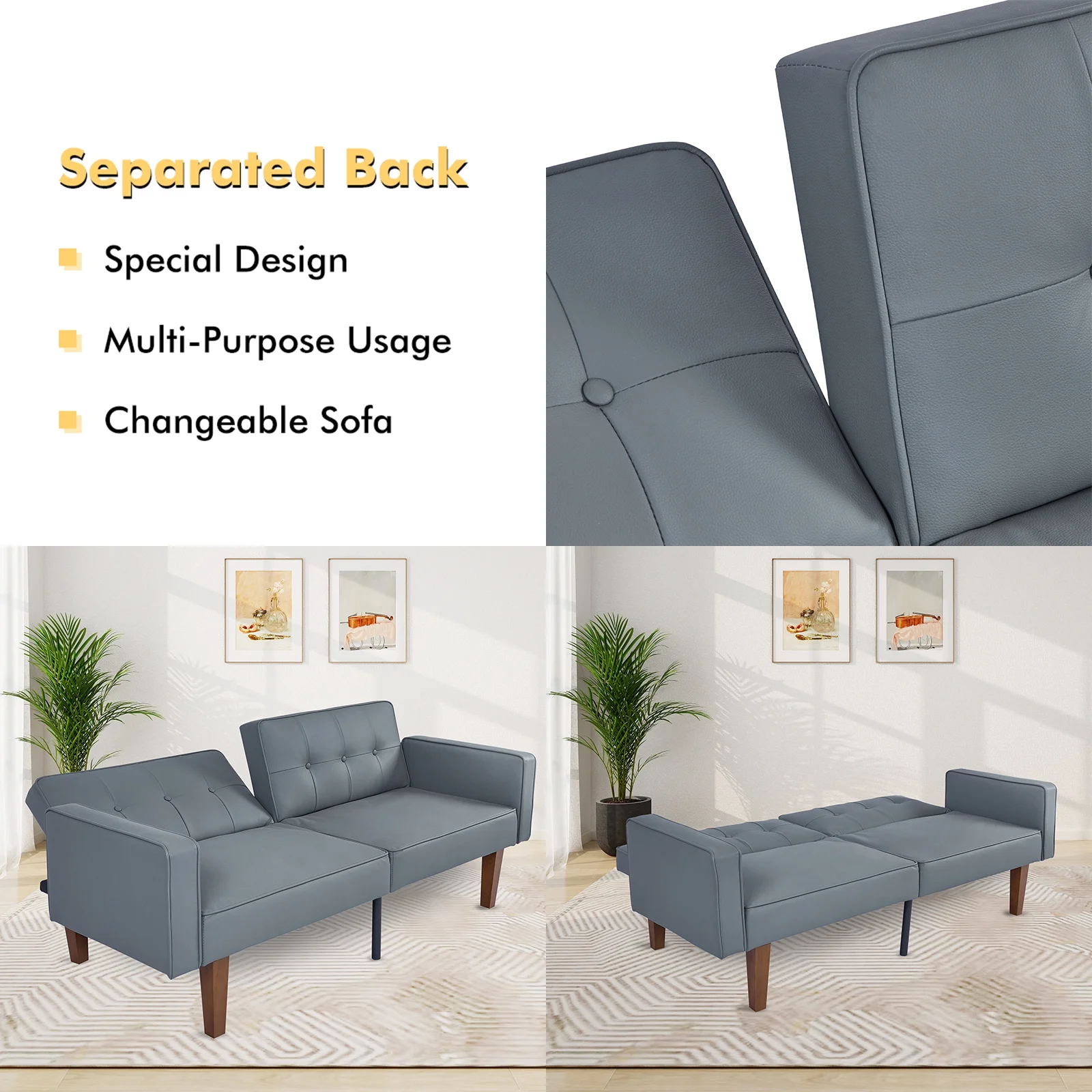 Sofa Bed, Convertible Memory Foam Futon Couch, Adjustable Sleeper Sofa Bed for Living Room, Gray