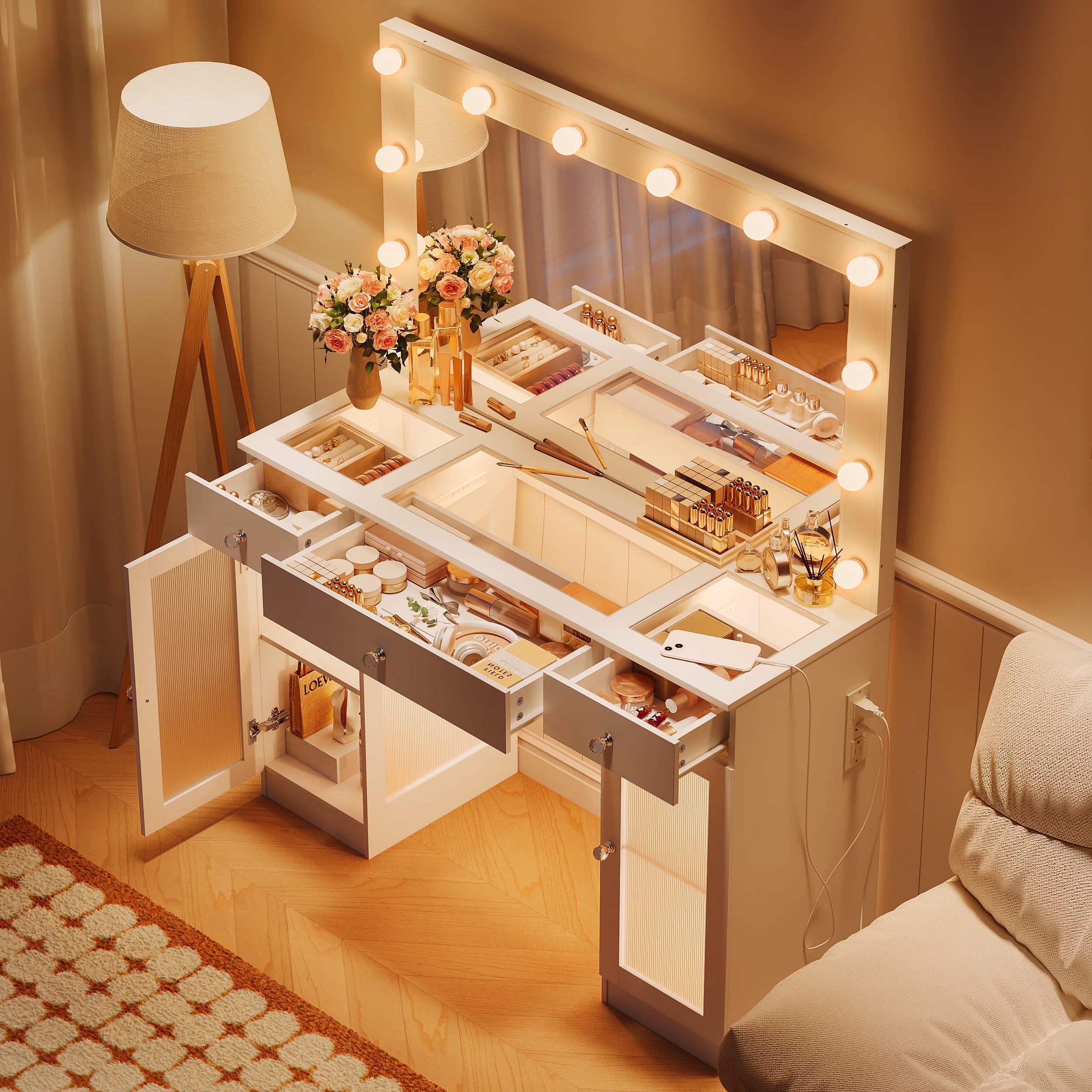 ABOVOBA Vanity Desk with Mirror and Lights,3 Drawers and Power Outlet Makeup Vanity for Women,White