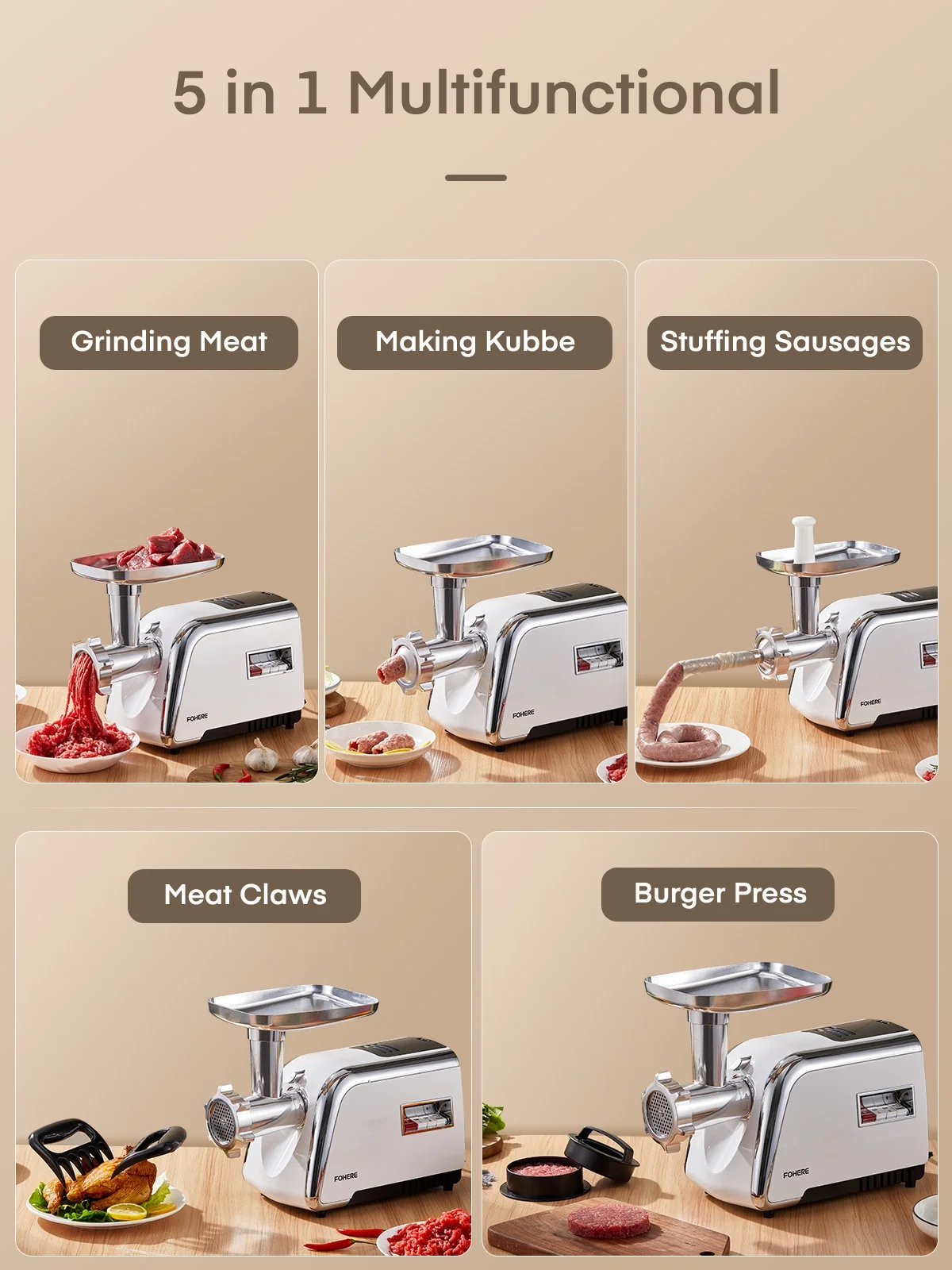 Electric Meat Grinder Heavy Duty,3000W Max 5 in1 Sausage Stuffer Maker with 4 Stainless steel Plates & 3 Blades,Sausage & Kubbe Maker Kit/Slider Maker