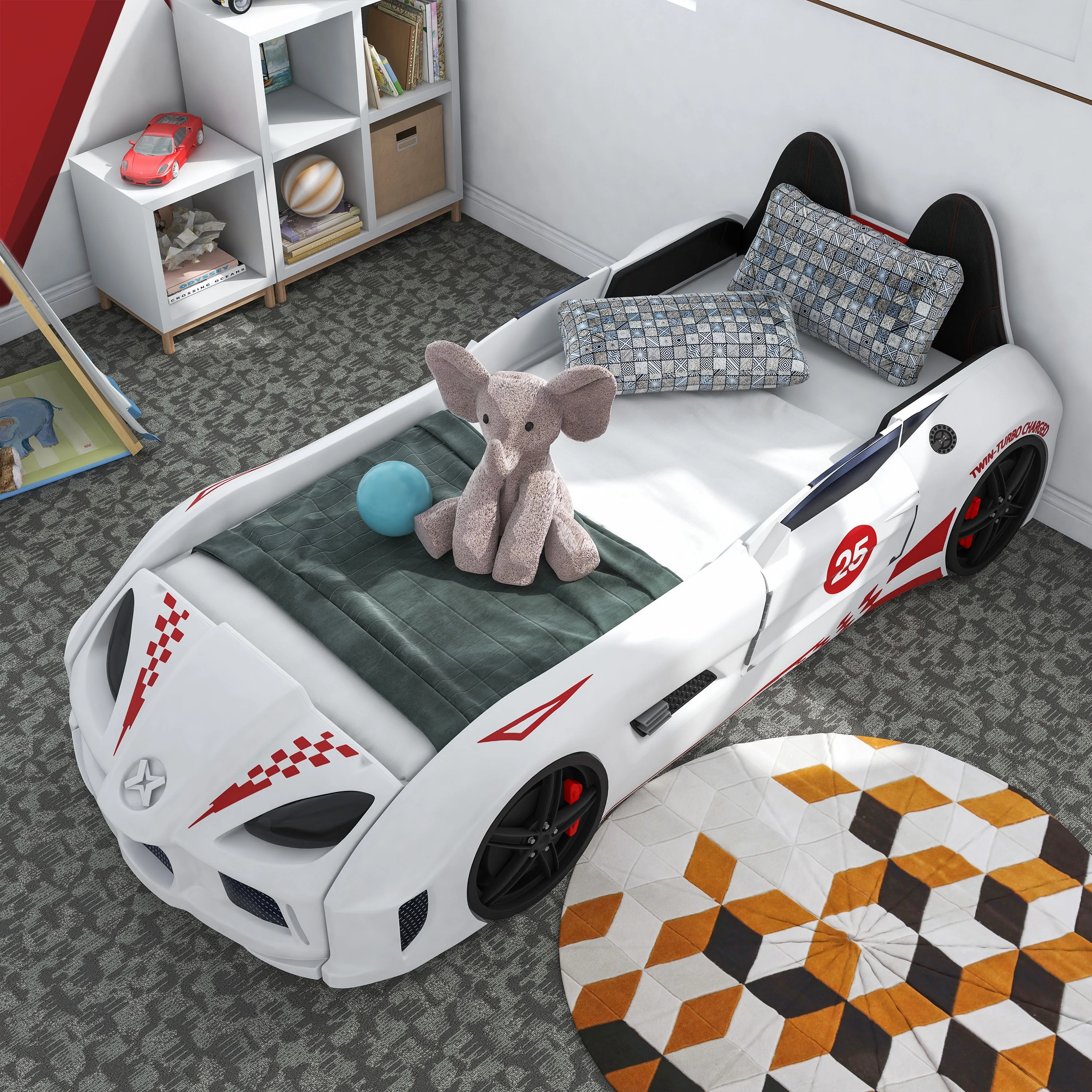 Furniture of America Dash Kids Plastic Twin Race Car Bed with LED and Sound, White