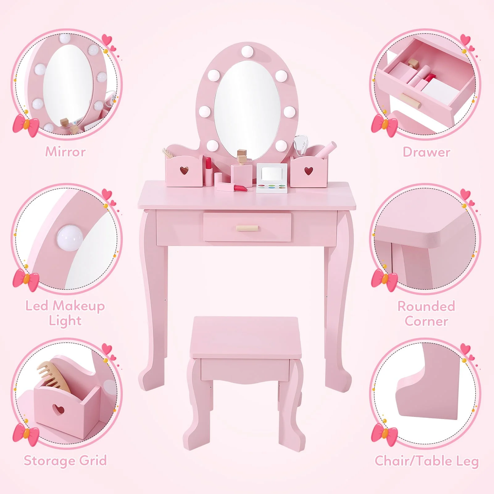 Girl Vanity Table and Chair Set, Kids Wood Makeup Dressing Table with Lights, Mirror, Drawer & Stool