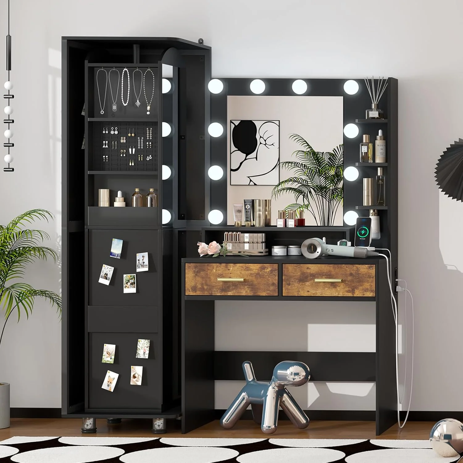 Makeup Vanity Desk with Mirror and Lights, White Vanity Desk with Charging Station, LED Cabinet, 5 Drawers & Storage Bag, Vanity Mirror with Lights Desk and Chair, Vanity Table Set with Stool