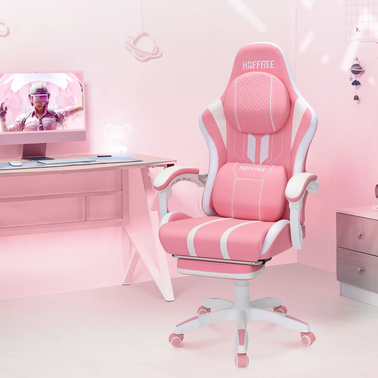 Hoffree Gaming Chair with Bluetooth Speakers Big and Tall Gamer Chair with Footrest and Massage Game Chair with Lumbar Support and 360-Swivel Seat and Headrest for Adults, 400lbs