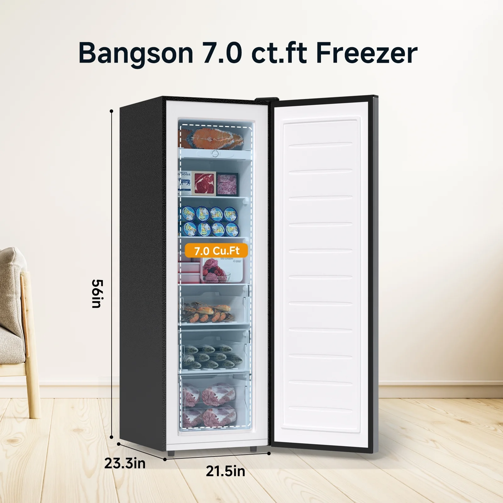 BANGSON Upright Freezer, 7.0 Cu.ft Freestanding Freezer, Convertible Upright Freezer/Refrigerator, Single Door for Kitchen, Office, Apartment, Silver