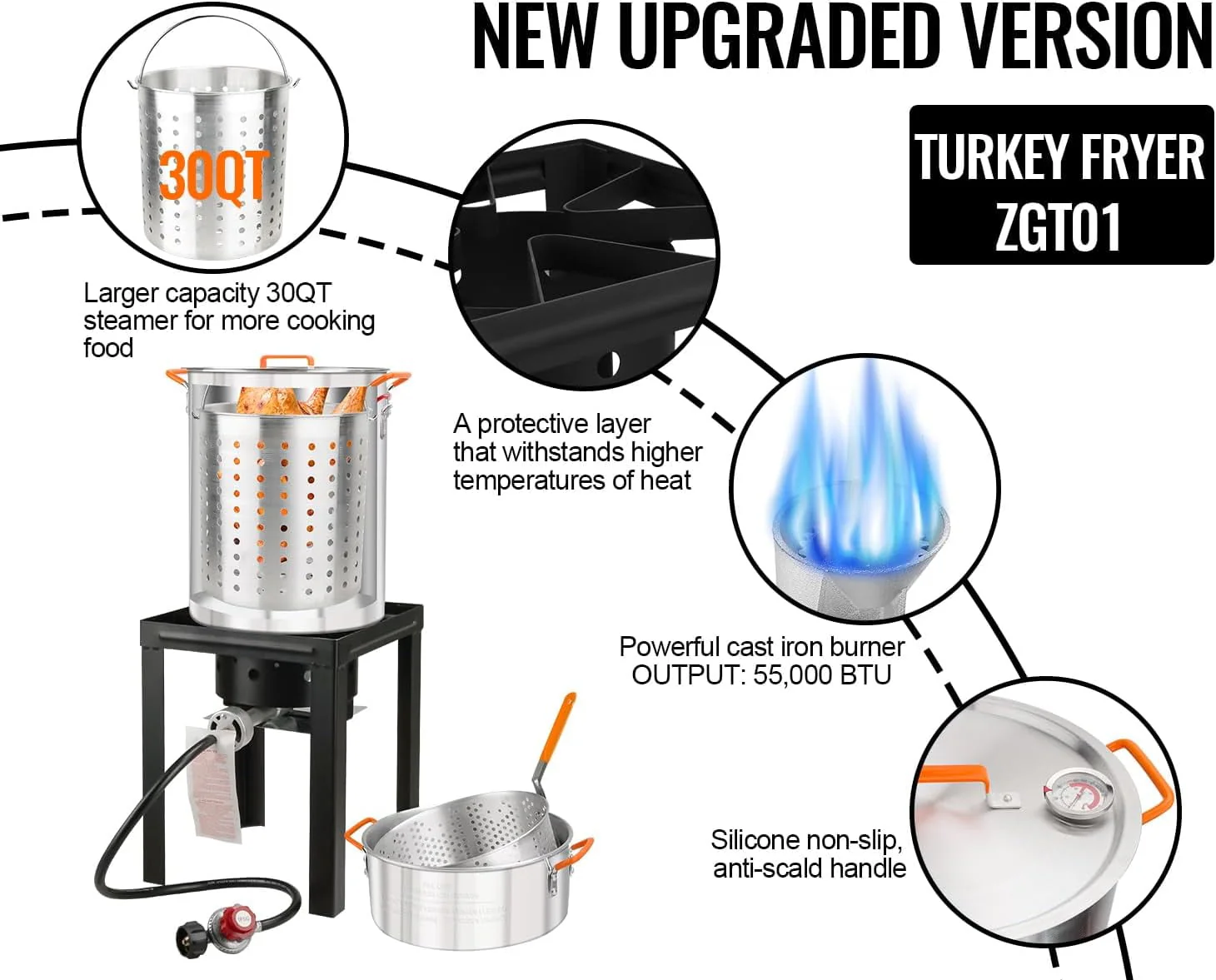 Propane Outdoor Turkey Fryer Set & Crawfish Boil Pot Basket 55,000 BTU Burner 30 & 10 Quart Aluminum Stock Pot & Basket Lid & Ideal for Outdoor Cooking