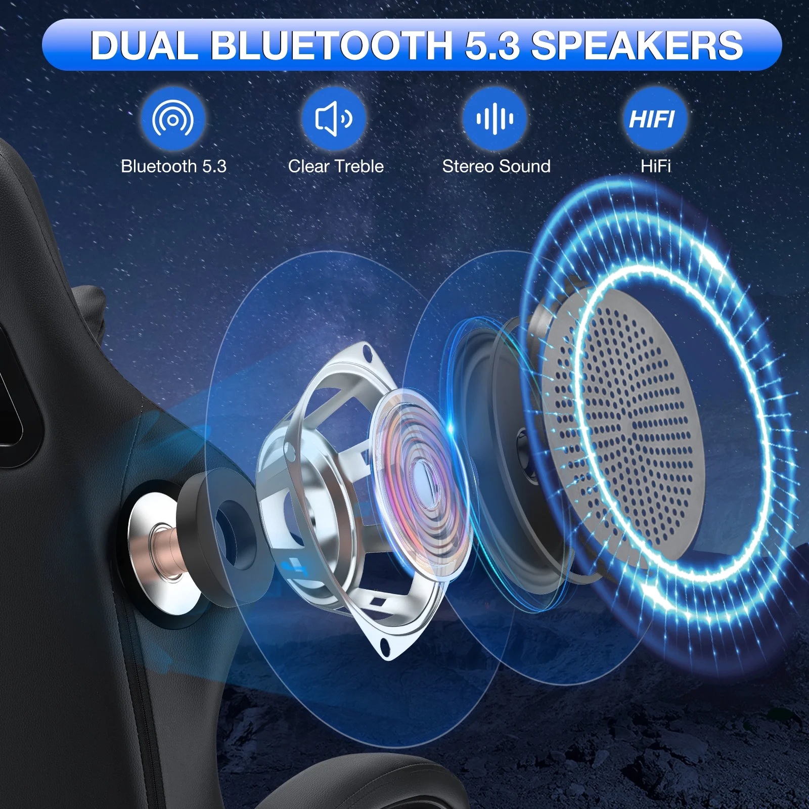 Hoffree Gaming Chair with Speakers PU Gamer Chair with footrest and massage Egonomic Computer Game Chair with Headrest and Lumbar Support for Adults and Office Gaming, 440 LBS