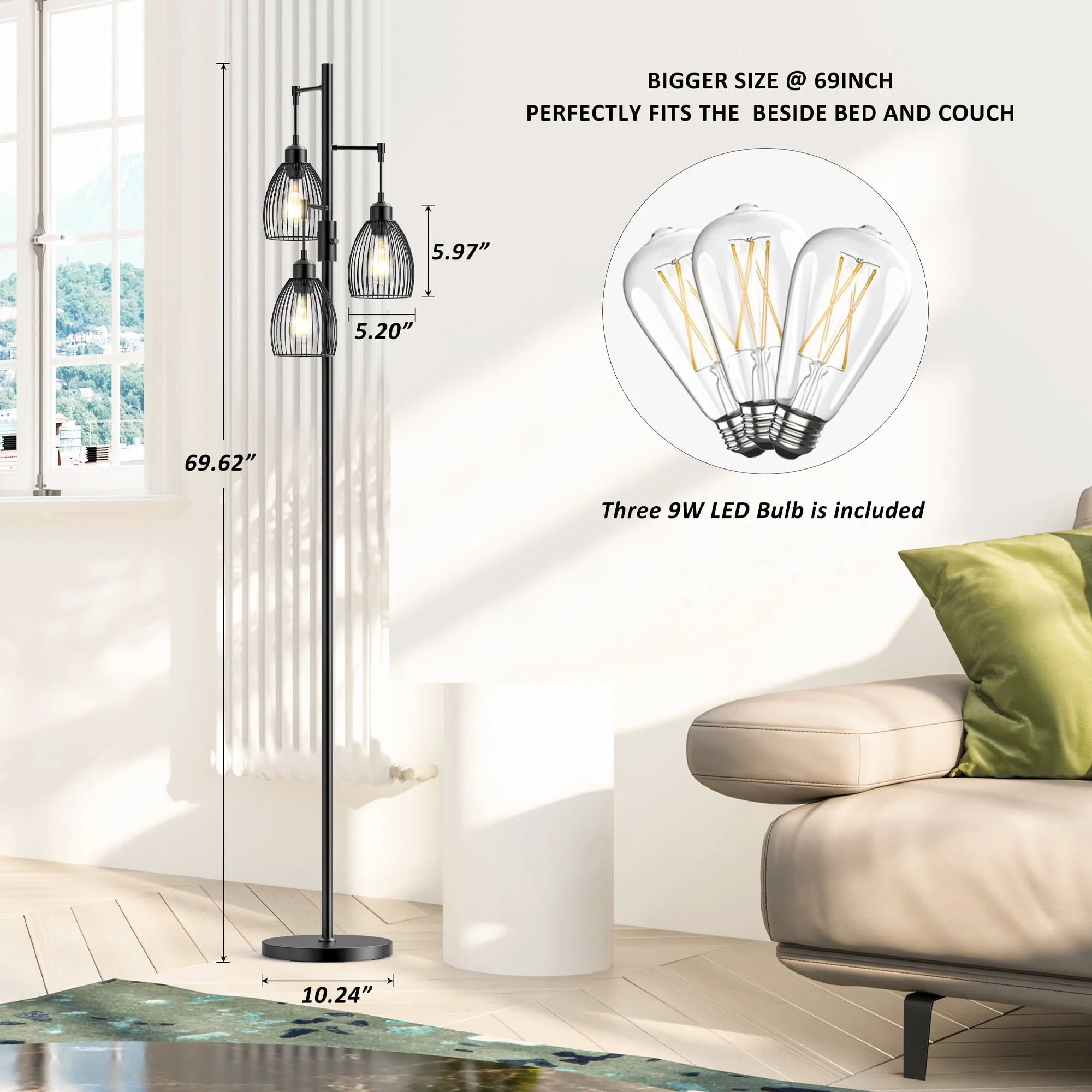 PAZZO 69 inch Three Head LED Metal Industrial Floor Lamp, Bright & Durable, with 3 Stepless Dimmable Bulb Included, Black