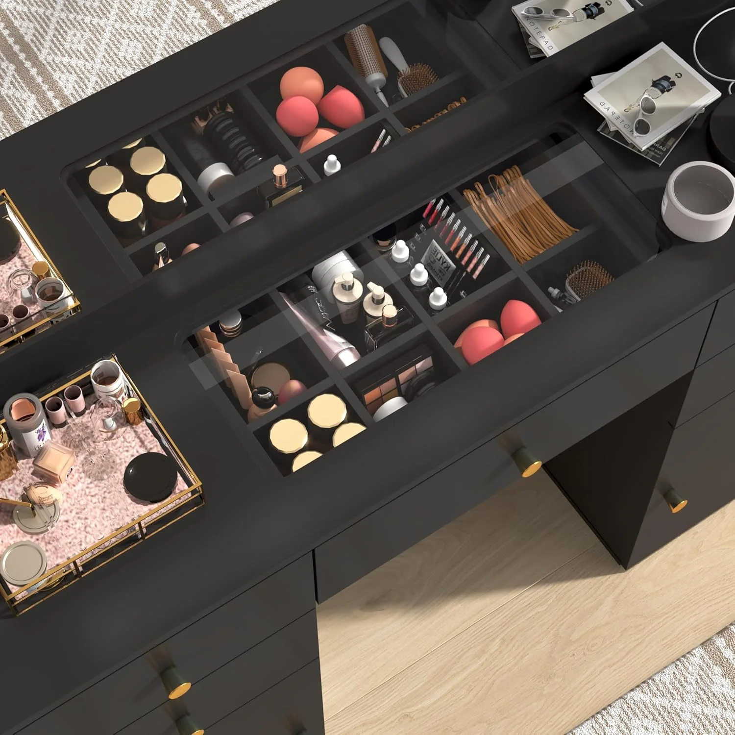 White Vanity Desk with Large Lighted Mirror & Power Outlet, Makeup Vanity Table with Glass Top & Drawers, Sliding Storage, 44.1