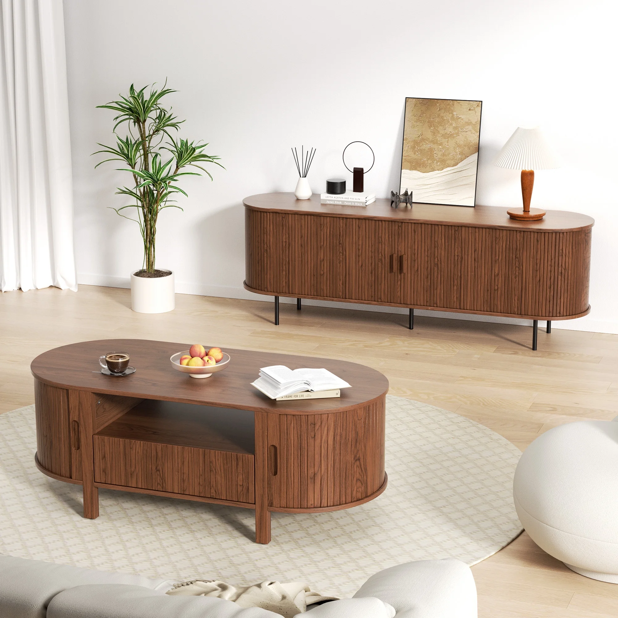 MARNUR Coffee Table with Storage, Tambour Sliding Door, Open Shelf, Mid Century Modern Center Table with Drawer for Living Room, Walnut