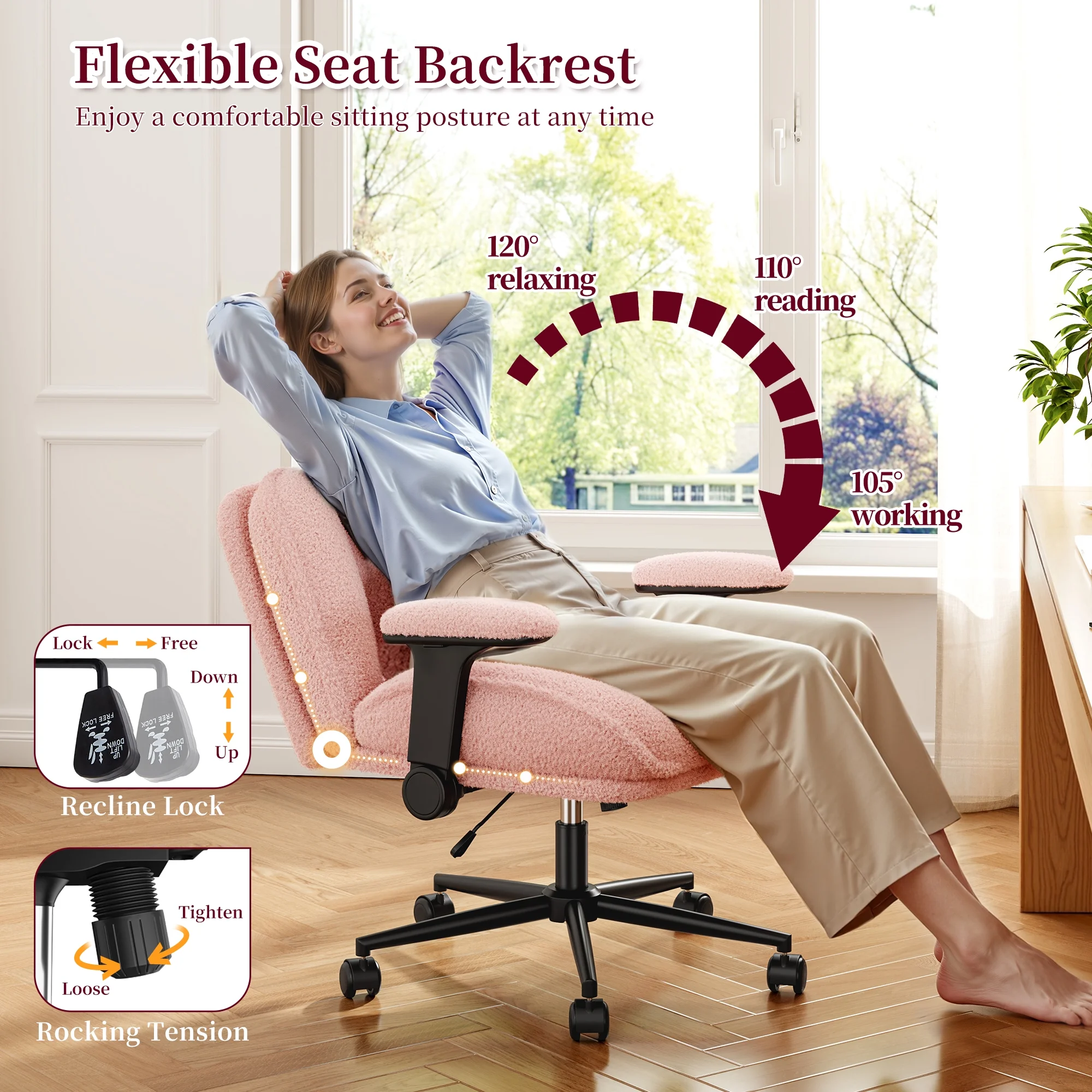 Romorgniz Criss Cross Chair with Adjustable Arms & Lumbar Support Office Chair with Reclining Back, Thick Cushion & Wheels for Office, Gaming, Reading, Vanity, Off-White