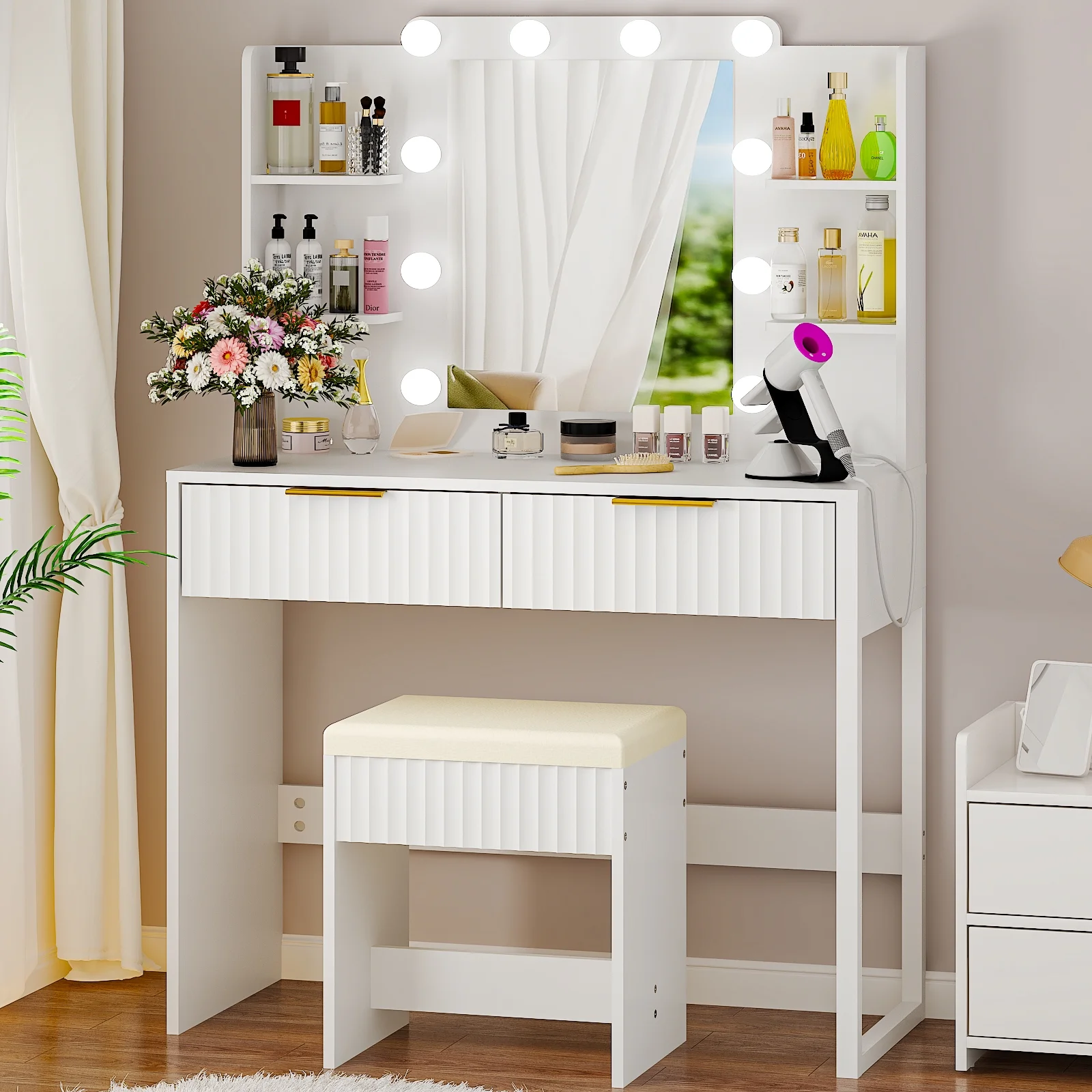 Ktaxon Lighted Makeup Vanity, White Vanity Table Set with 2 Drawer and Charging Station, Femal Gift