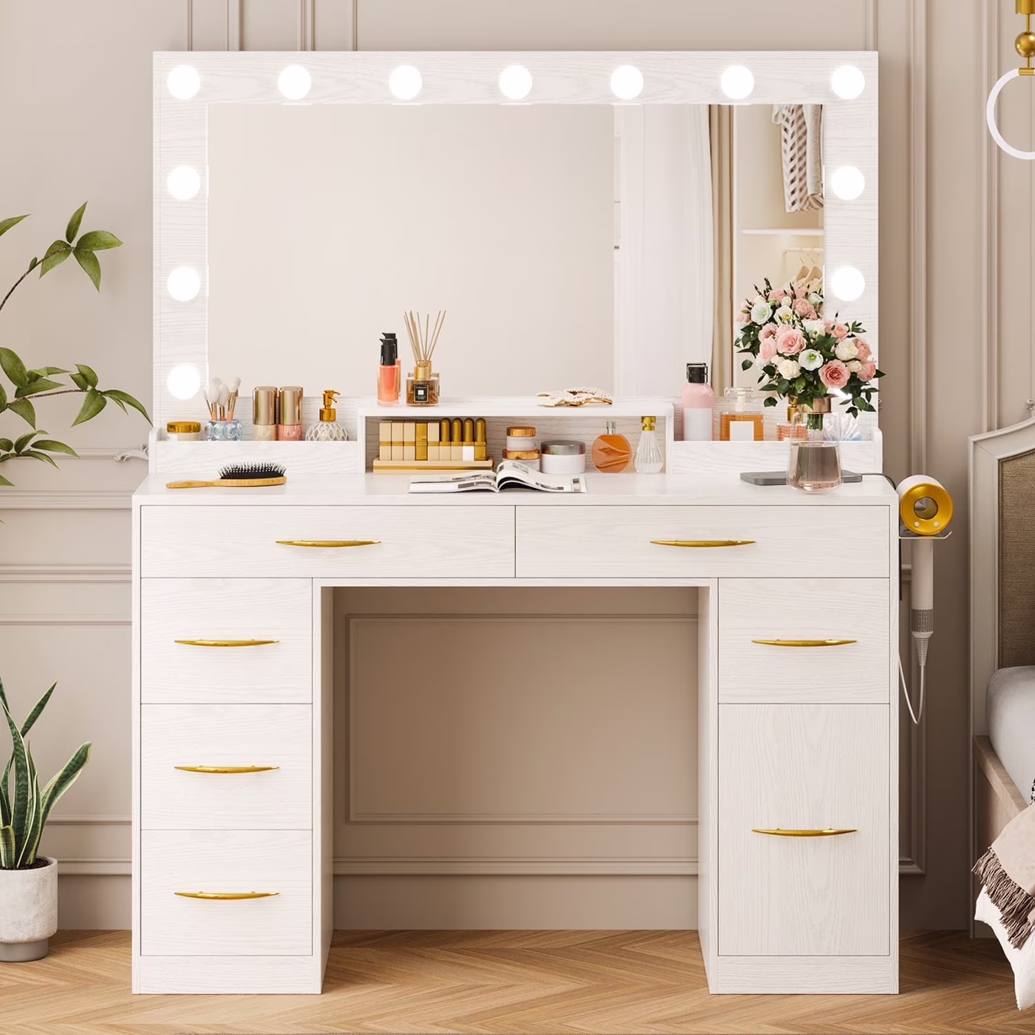 Tomnk woo White Makeup Vanity Desk with Large Mirror, Adjustable Lights, Storage Drawers & Power Outlets