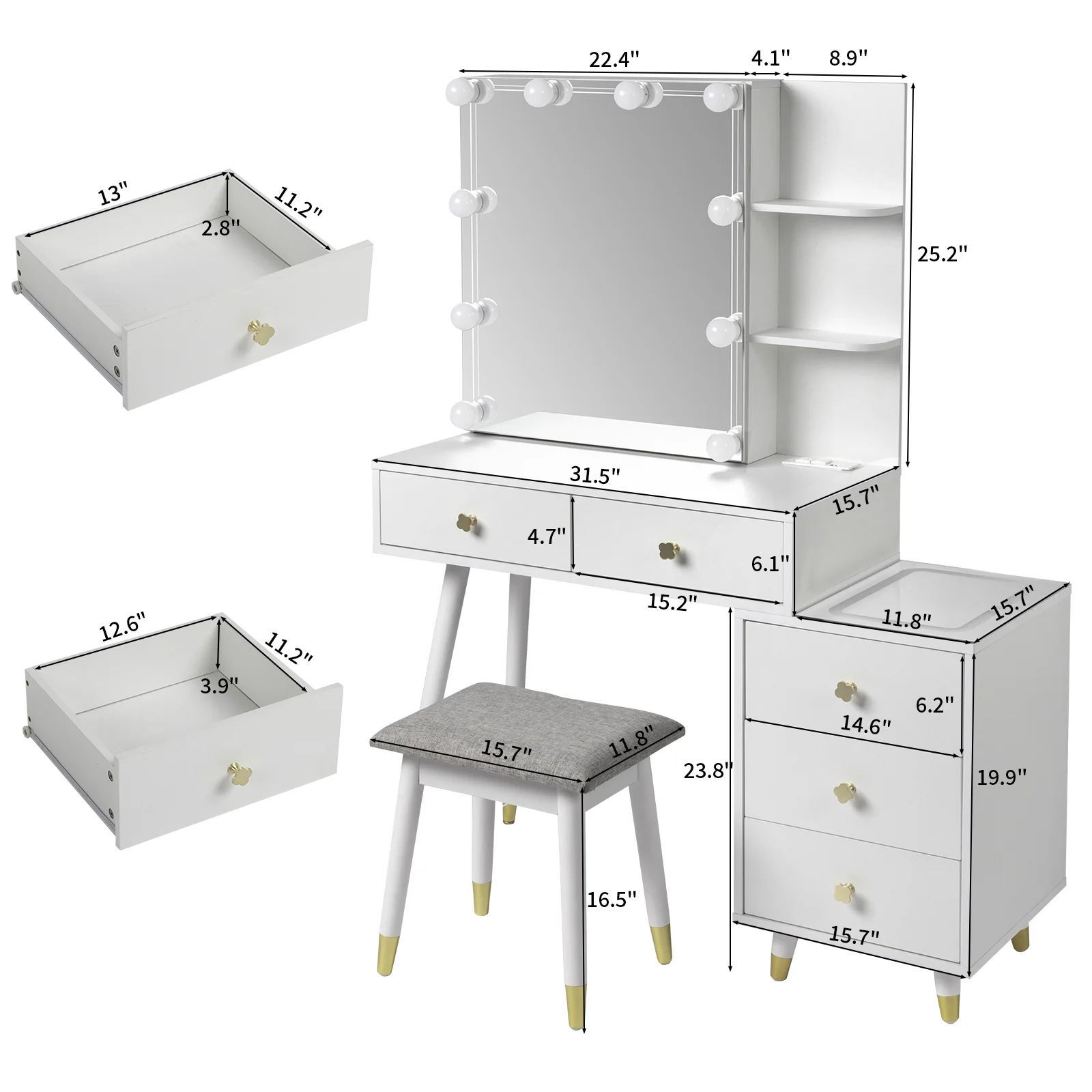 Kadyn Vanity Desk with Lighted Mirror, Vanity Table and Chair Set with 2 Drawers, Dressing Table Makeup Desk with 1 Door, Retro Gray