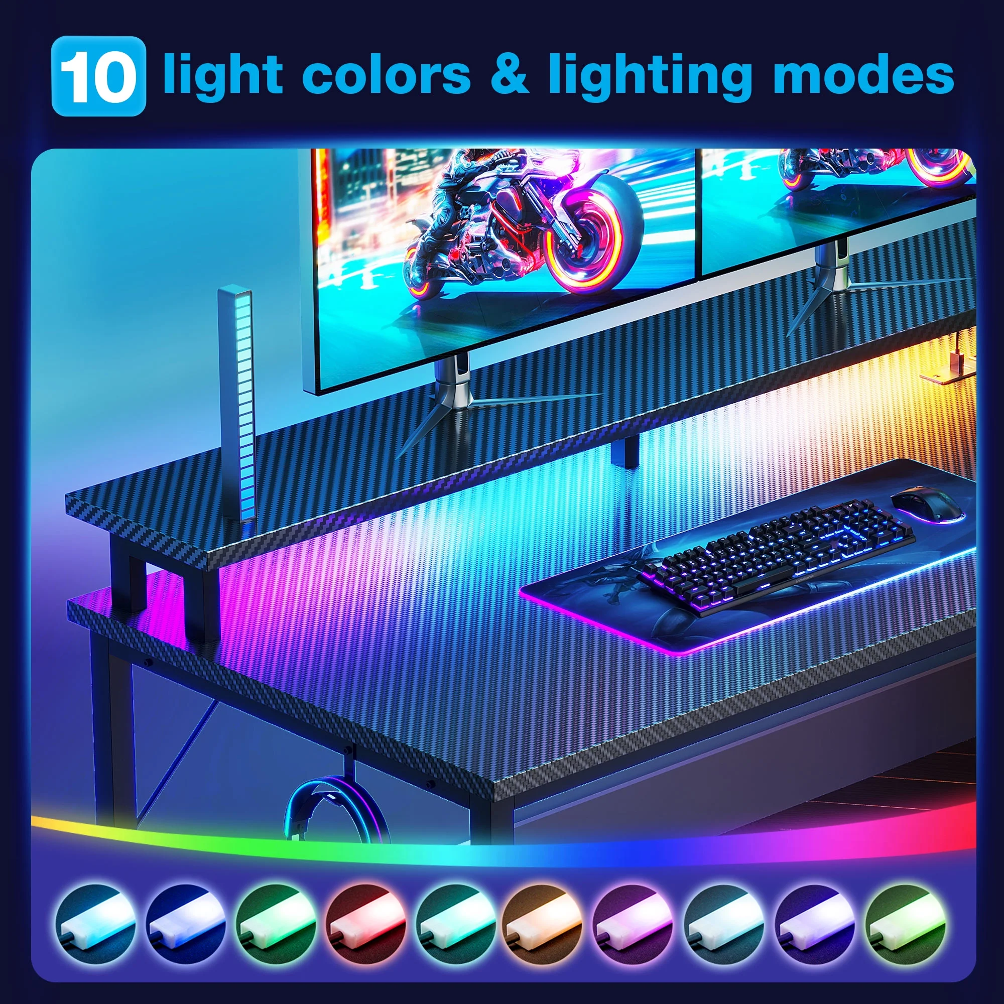 59 inch Gaming Desk with USB Charging Ports & LED Light- Reversible Computer Desk with Storage Shelves & Monitor Stand, Modern Gamer Desk Table with Fabric Drawers & Side Hook, Carbon Fiber Black