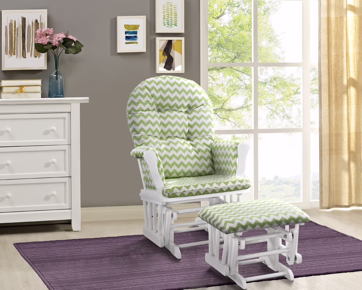 Angel Line Windsor Glider and Ottoman, Natural Finish with Gray Cushions