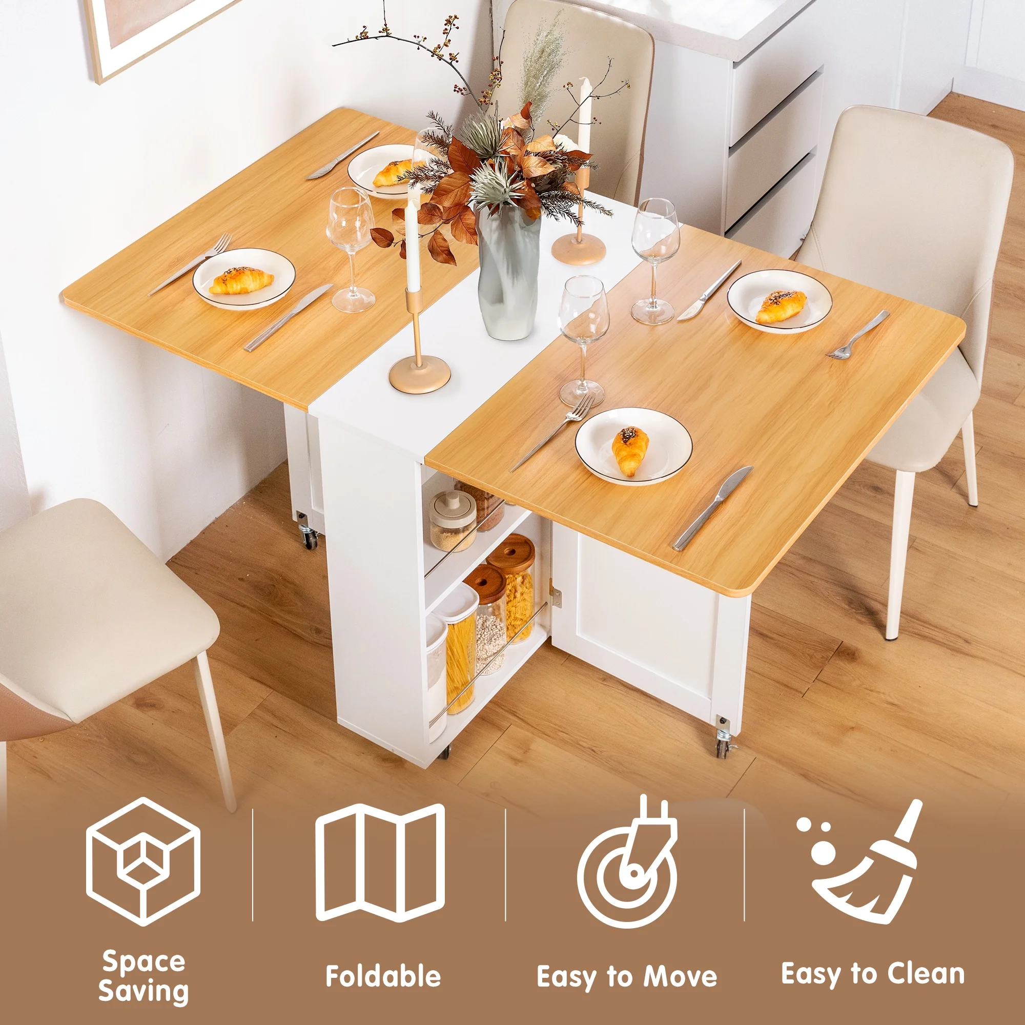 spanspace Folding Dining Table, Drop Leaf Dining Table with 6 Wheels and 2-Layer Storage Shelf, Space Saving Dining Table for Small Spaces,Folding Kitchen Table,White