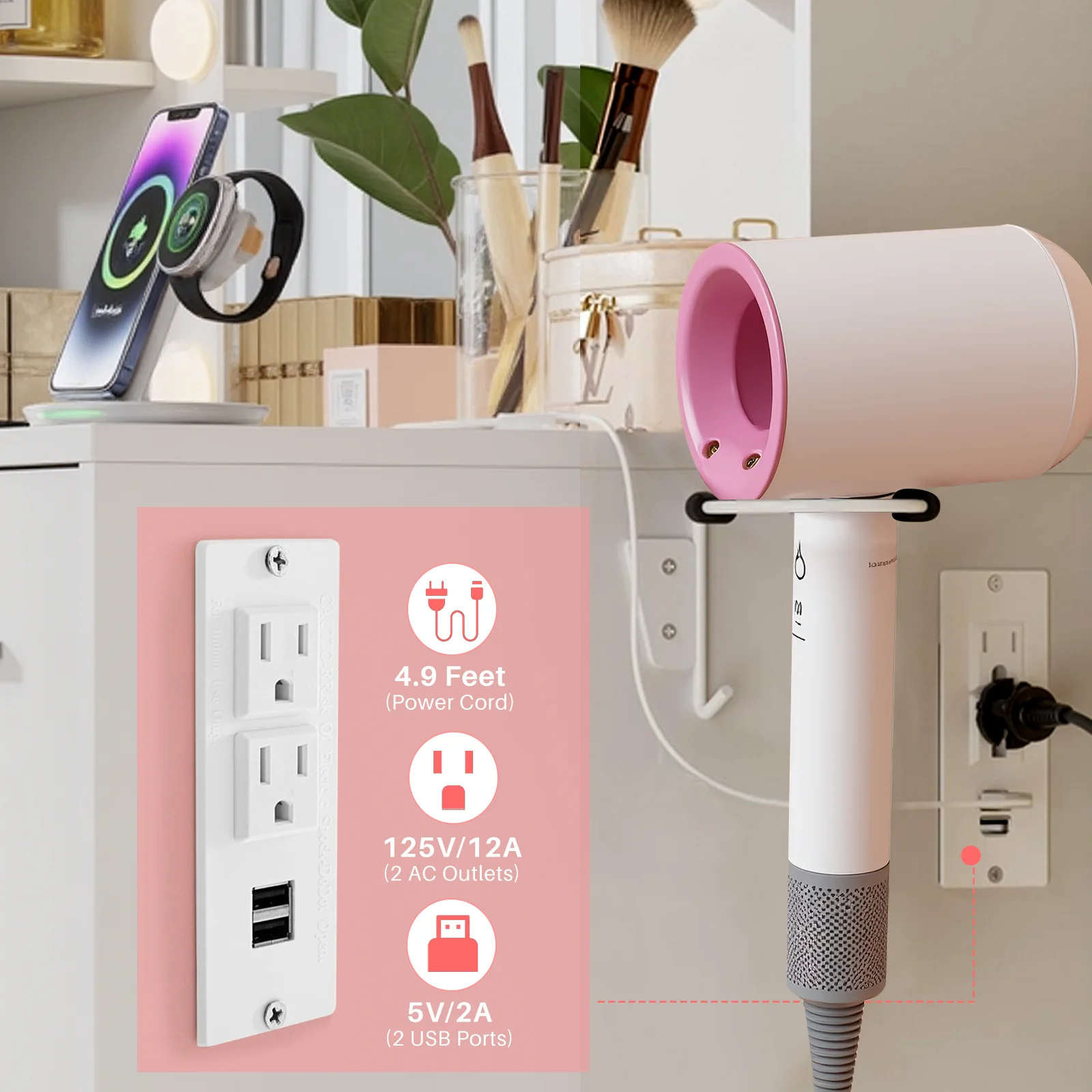 Blorly White Vanity Desk with Mirror, Makeup Vanity Table with LED Lights and Power Outlet, 3 Drawer, 4 Shelves, 1 Cabinet