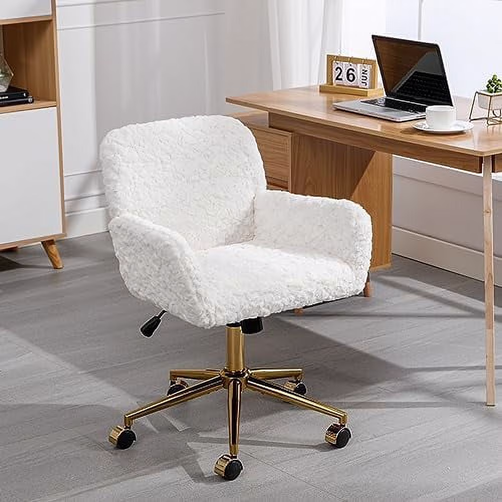 Fluffy Desk Chair,Height Adjustable Vanity Chair with Wheels,Comfortable Faux Fur Desk Chair with goldenn Base, Arm Chair for Bedroom,Living Room,Vanity,Office