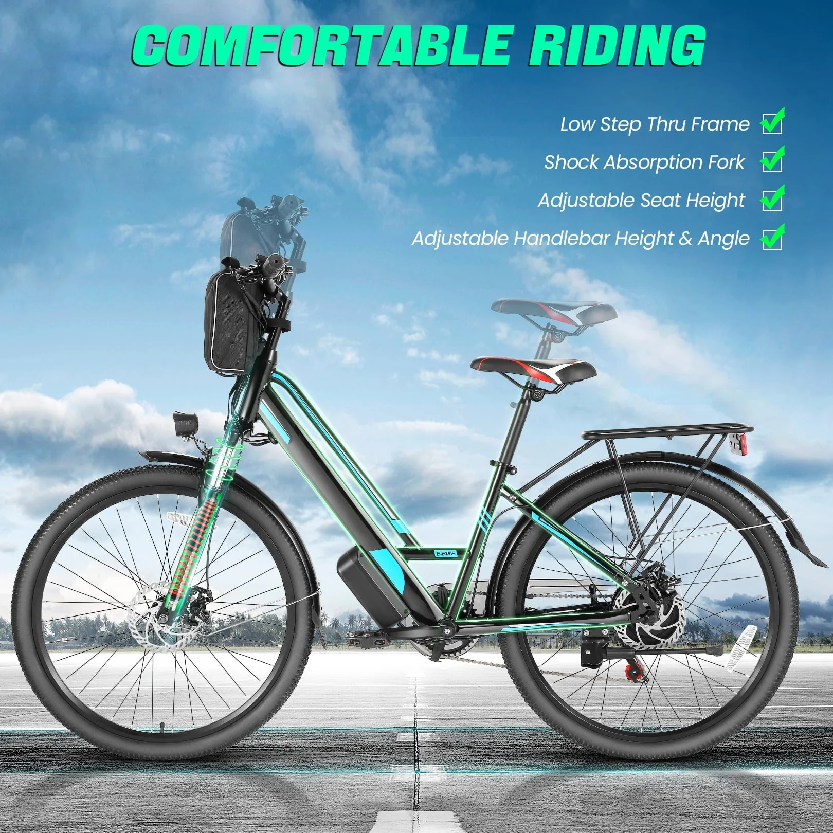 Gocio 500W 26'' Electric Bike 48V Electric Bicycle for Adults, 19MPH Cruiser Ebike, Electric Commuter Bike with Carrier Rack, Low Step Frame Shimano 7 Speed for Men Women Senior