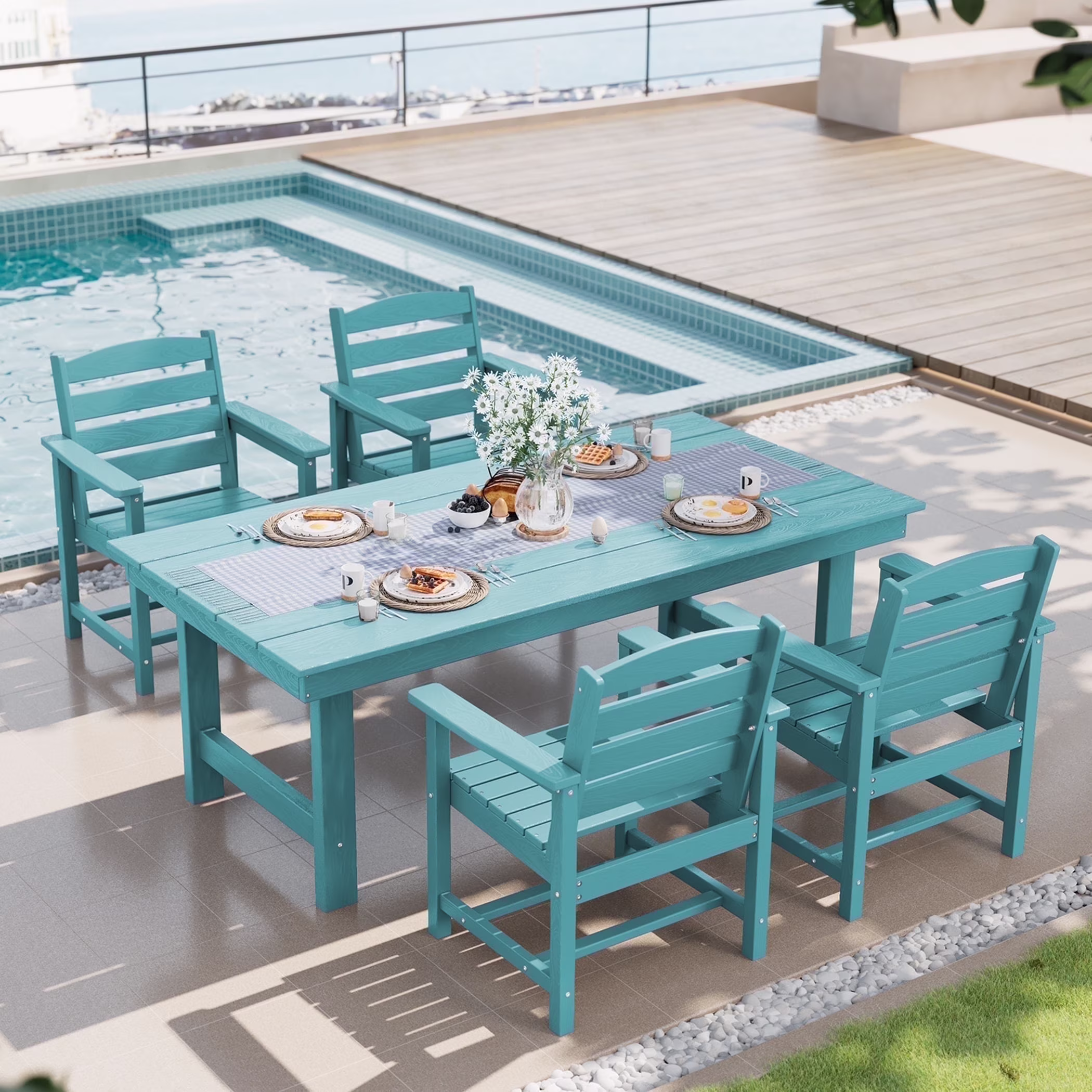 SERWALL Outdoor HDPE Dining Table Set, 7-Piece Outdoor Dining Table Sets with Umbrella Hole, Grey